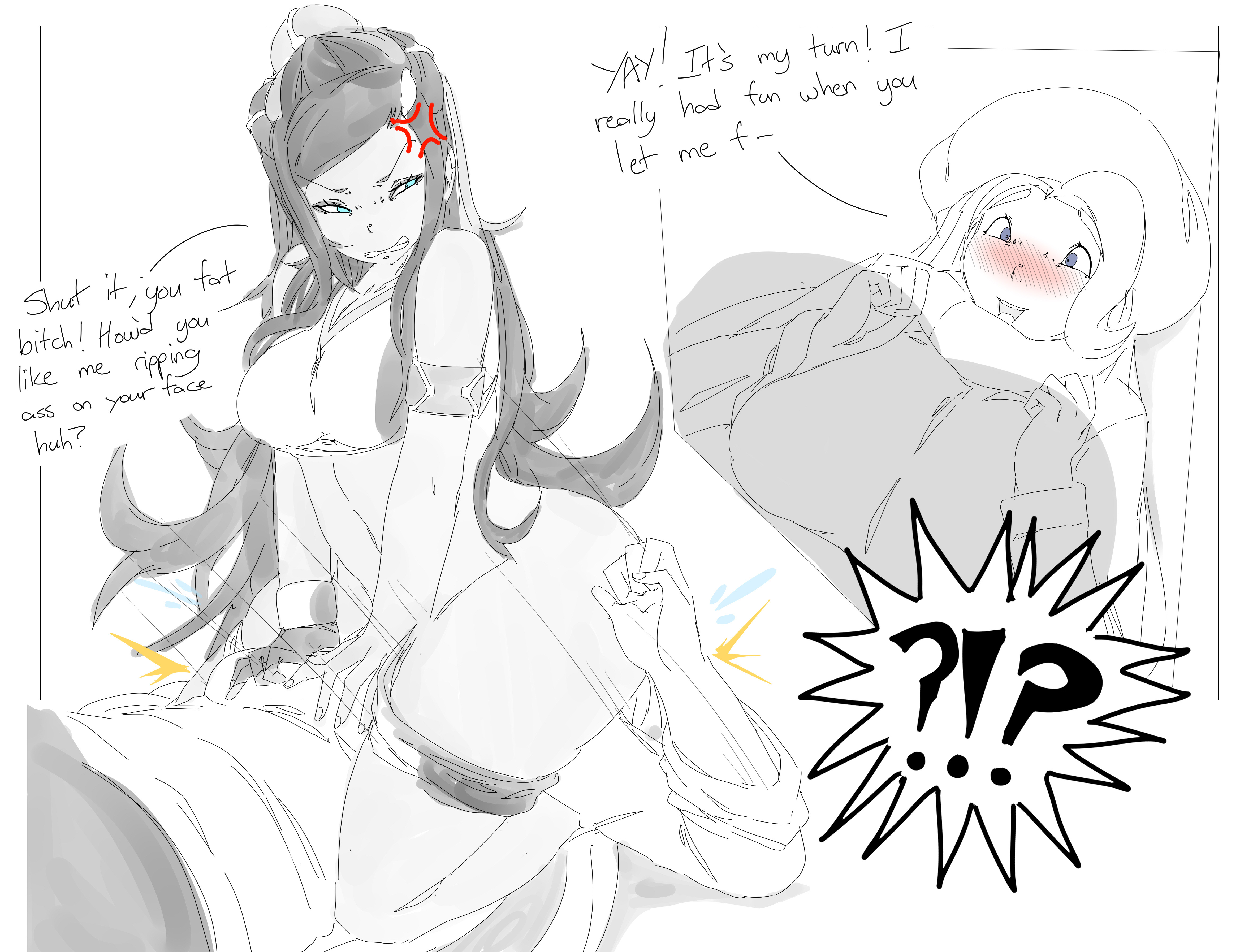 !, ?, 2girls, about to fart, angry, blush, chubby, curvy, dark skin, dark-skinned female, domination, facesitting, female, female only, femdom, human, human only, interracial, larger female, lazei, light skin, light-skinned female, melony (pokemon), monochrome, nessa (pokemon), nintendo, partially colored, pokemon, pokemon ss, question mark, revenge, size difference, sketch, smaller female, source request, surprised, thick thighs, wide hips, yuri