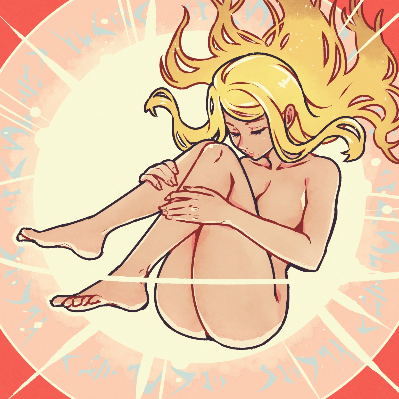 1girls, akairiot, ass, blonde hair, breasts, closed eyes, crystal flash, eyes closed, feet, female, fetal position, floating hair, holding legs, legs, legs together, levitation, long hair, metroid, mole, naked, nintendo, nude, samus aran, solo, tagme, thighs