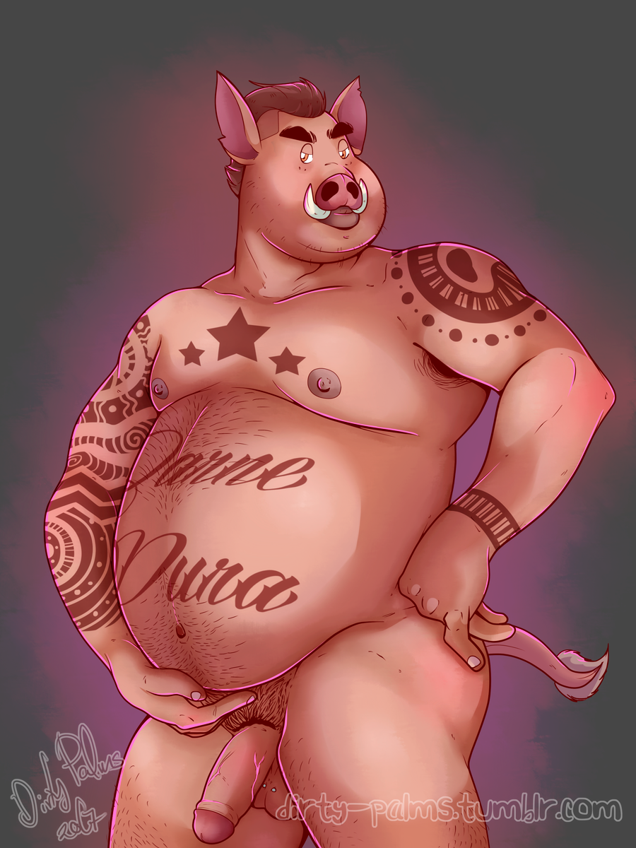 2017 anthro balls belly dirty-palms hi_res humanoid_hands humanoid_penis male male_only mammal moobs nipples overweight overweight_male penis solo suid suina sus_(pig) tattoo wild_boar