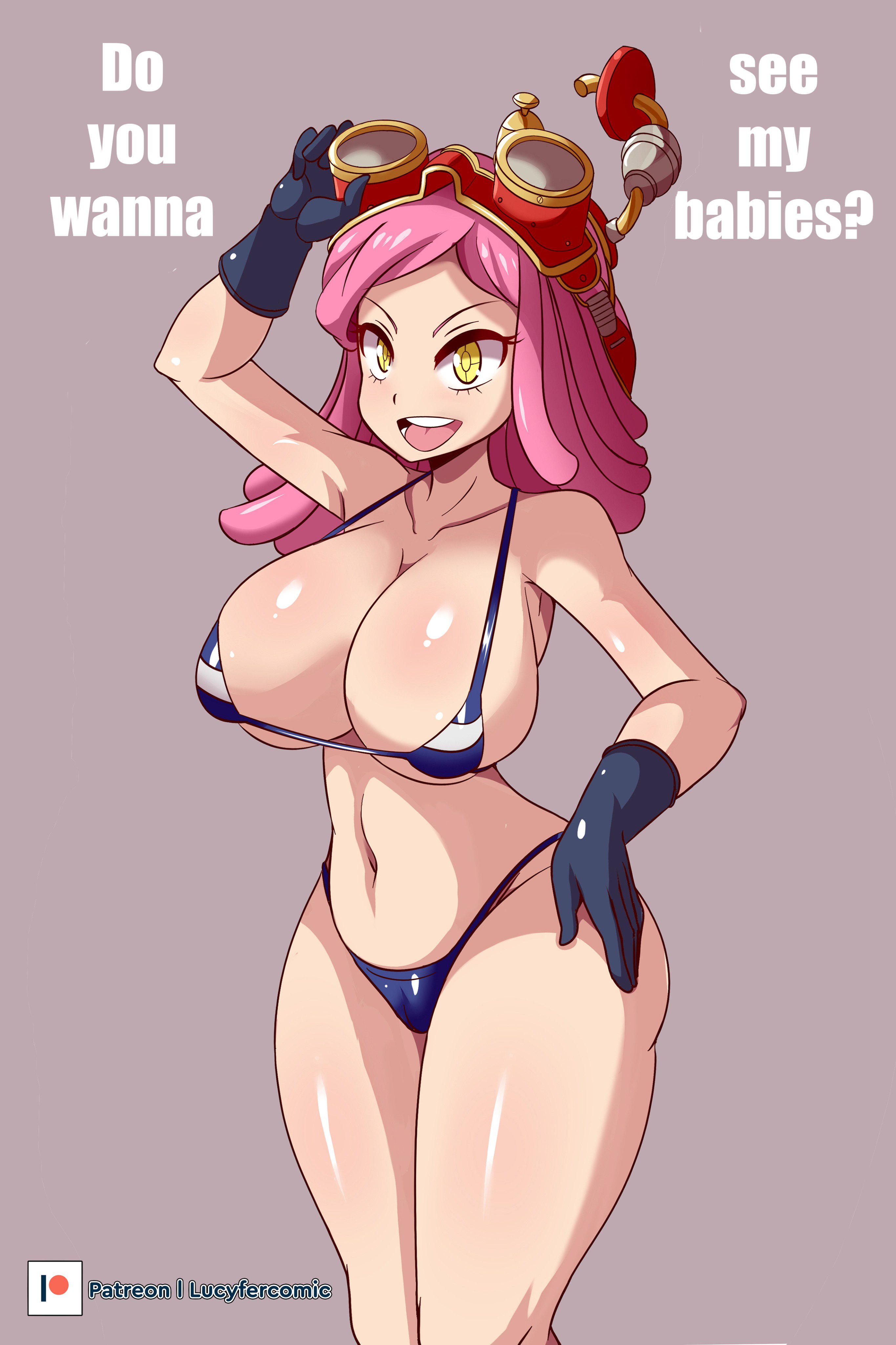 1girls, 2019, ass, big breasts, bikini, breasts, dialogue, female, gloves, goggles, goggles on head, grey background, hand on hip, long hair, lucyfercomic, mei hatsume, my hero academia, open mouth, pink hair, pink-haired female, shounen jump, striped bikini, target-shaped pupils, text, unusual anatomy, unusual eyes, unusual pupils, white skin, yellow eyes