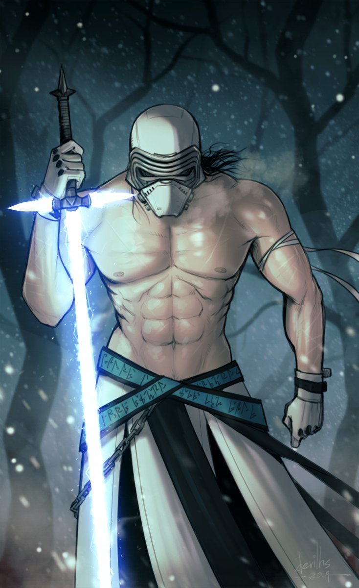 abs, action pose, biceps, blue lightsaber, devil hs, gloves, helmet, kylo ren, lightsaber, male, male focus, male only, muscles, muscular, muscular male, navel, outdoors, pecs, pose, posing, pubic hair, pubic hair peek, snow, standing, star wars, tagme