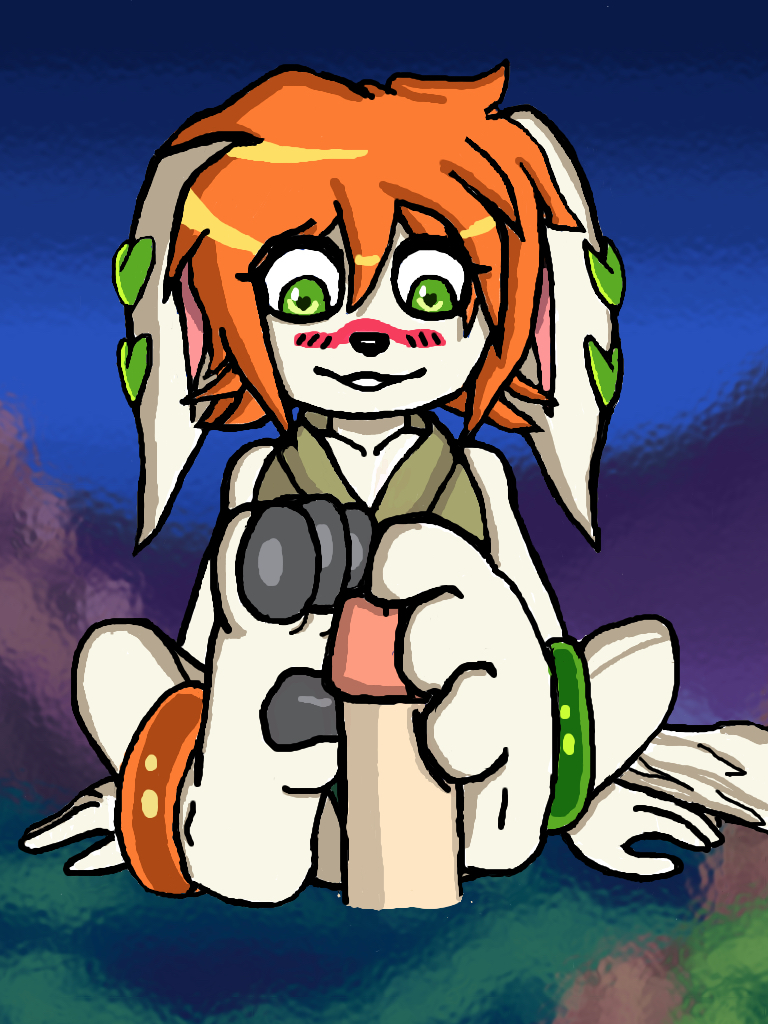 3_toes anthro barefoot blush canid canine canis clothed clothing disembodied_penis domestic_dog duo feet female foot_fetish footjob freedom_planet green_eyes hair human human_on_anthro humanoid_hands humanoid_penis male male_human/female_anthro male_pov mammal milla_basset orange_hair paws penis sex solo_focus straight temposhinnoodlz toes