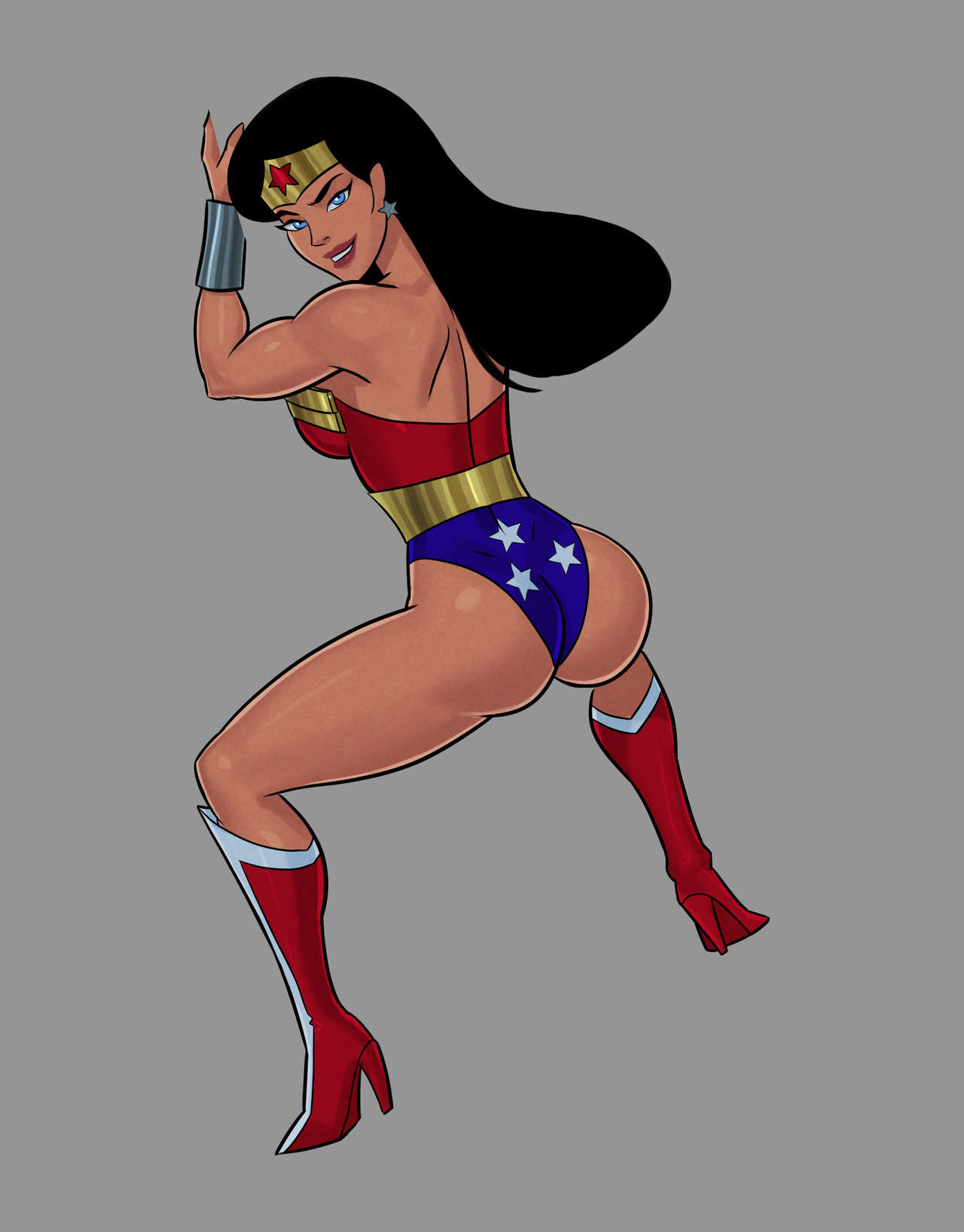 1girls, ass, biceps, black hair, blue eyes, boots, breasts, busty, dc, dc comics, dcau, female, female only, heels, high heel boots, justice league, lifting, long hair, long legs, muscular, muscular female, naughty face, seductive, seductive smile, smile, solo, sunsetriders7, thick thighs, wonder woman, wonder woman (series)