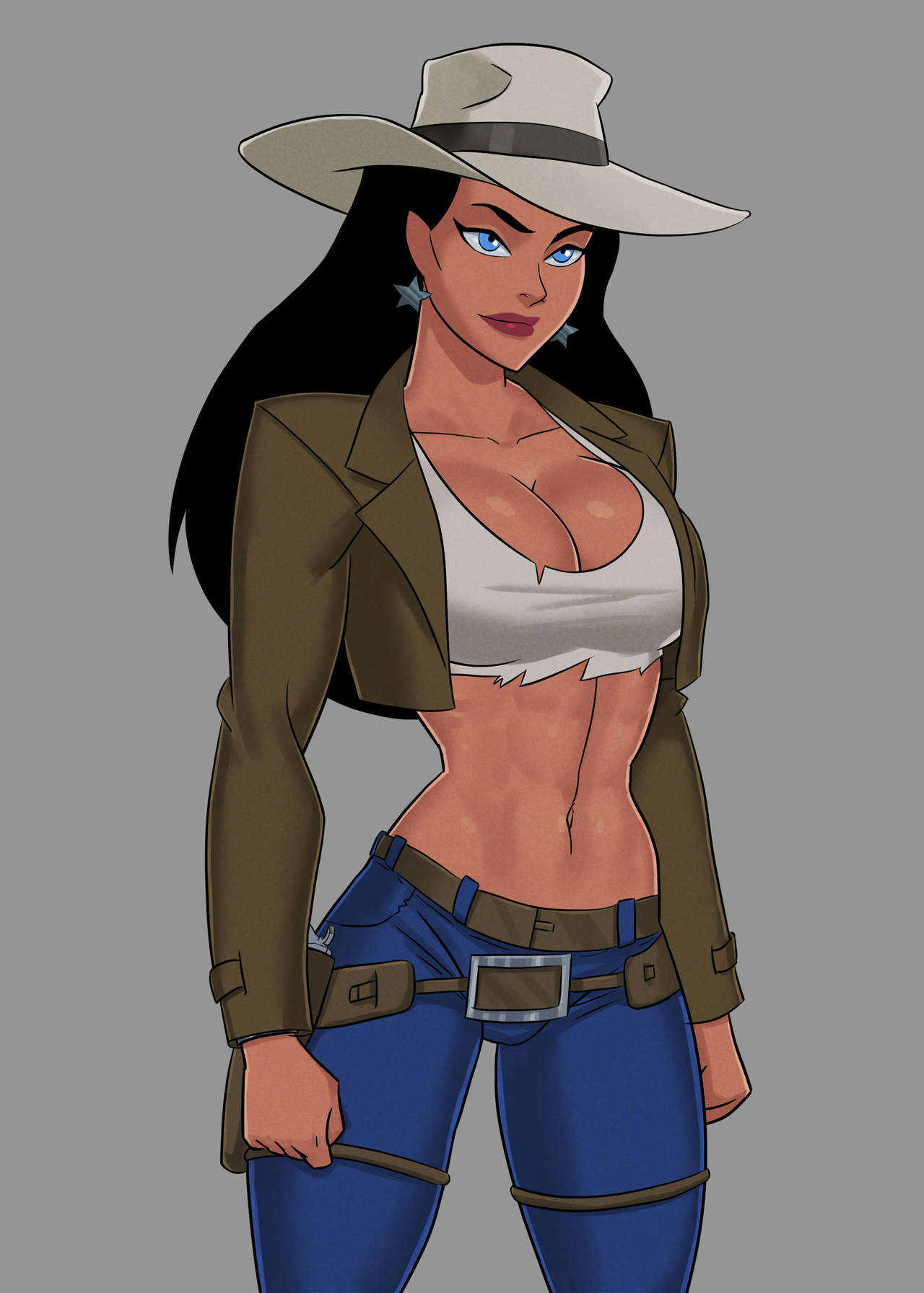 1girls, abs, belt, biceps, big breasts, black hair, blue eyes, breasts, busty, cleavage, cowboy hat, cowgirl, dc, dc comics, dcau, diana prince, female, female only, green jacket, huge breasts, jeans, justice league, long hair, muscular, muscular female, solo, sunsetriders7, white topwear, wonder woman, wonder woman (series)