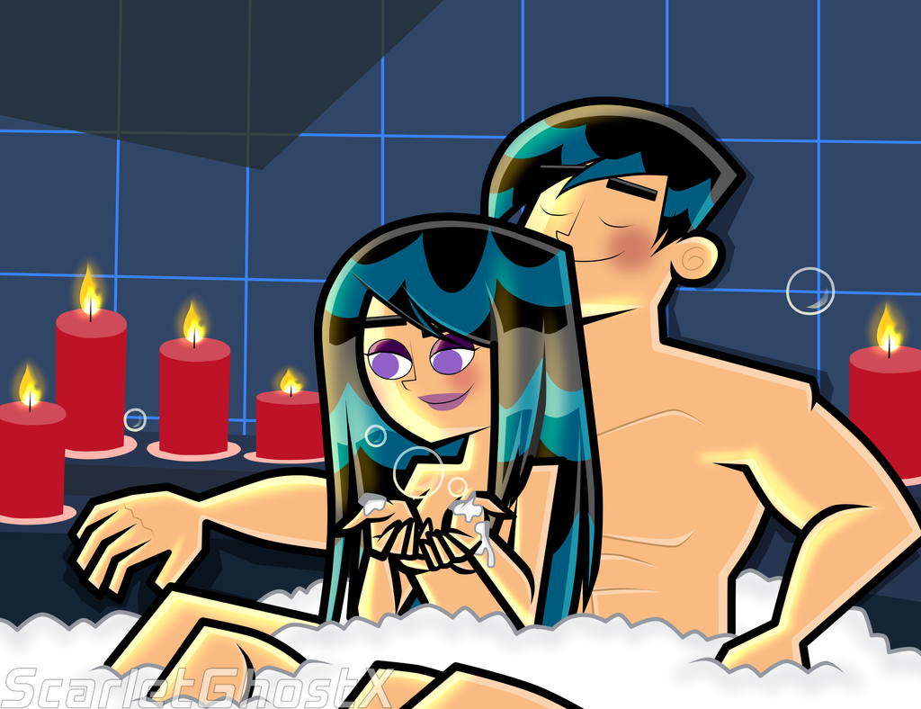 1boy 1girls aged_up allyphantomrush bath black_hair bubble bubble_bath bubbles danny_fenton danny_phantom female male nude purple_eyes sam_manson