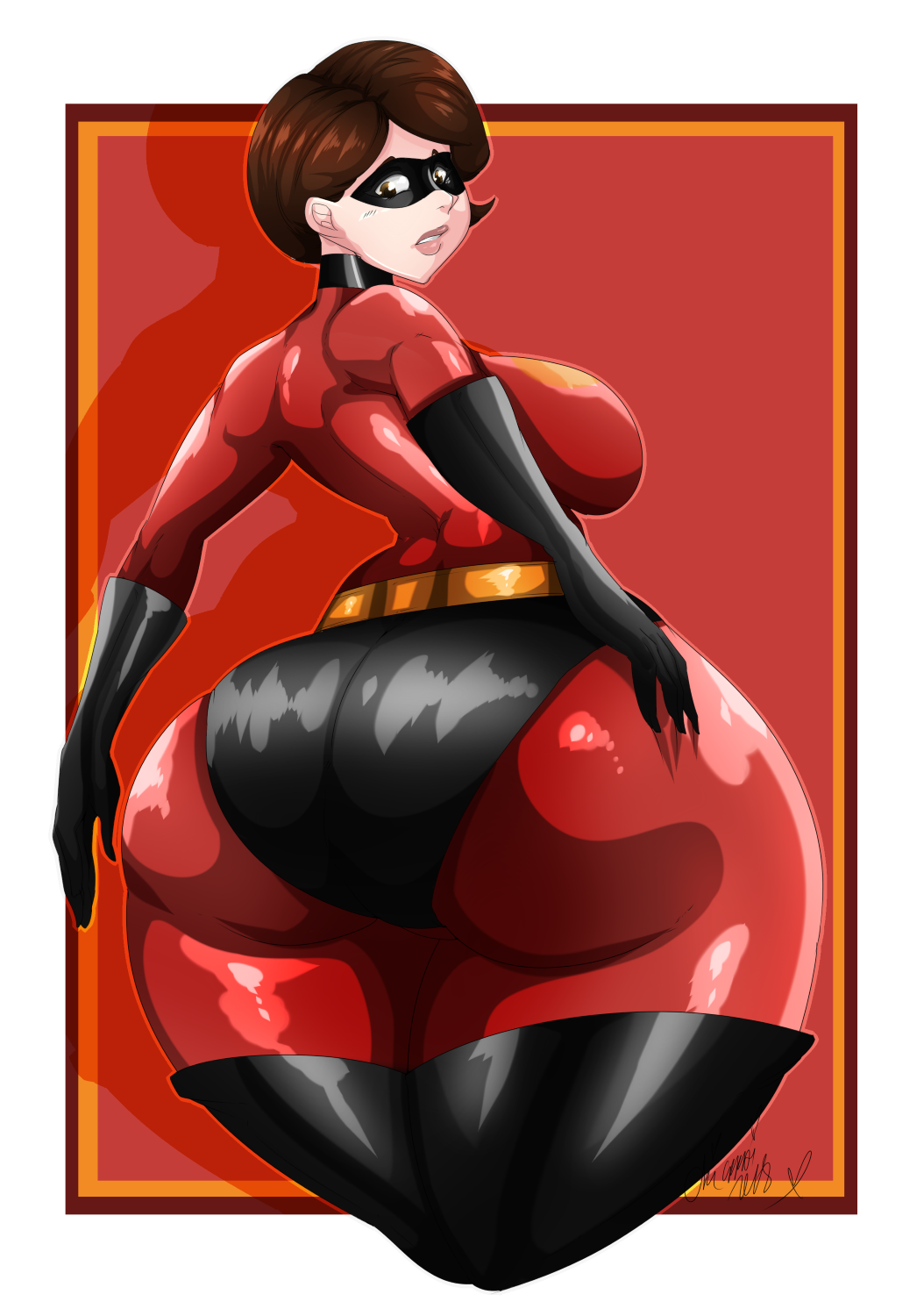 1girls ass big_ass bottom_heavy brown_eyes brown_hair curvaceous curvy disney domino_mask elastigirl eyemask female female_focus gloves helen_parr hips huge_ass looking_back mask matching_hair/eyes milf okioppai pixar short_hair sideboob smooth_skin solo solo_female solo_focus the_incredibles thick_thighs thighs thunder_thighs tight_suit wide_hips