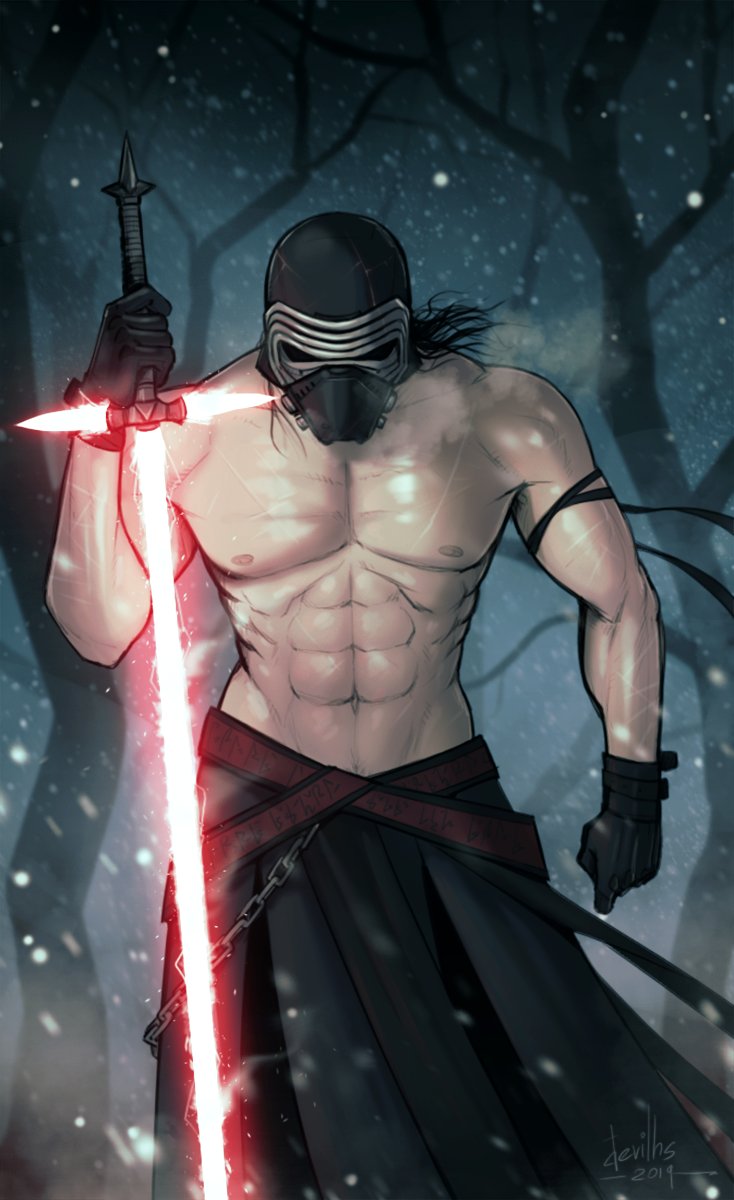 abs, action pose, biceps, devil hs, gloves, helmet, kylo ren, lightsaber, male, male focus, male only, muscles, muscular, muscular male, navel, outdoors, pecs, pose, posing, pubic hair, pubic hair peek, red lightsaber, snow, standing, star wars, tagme