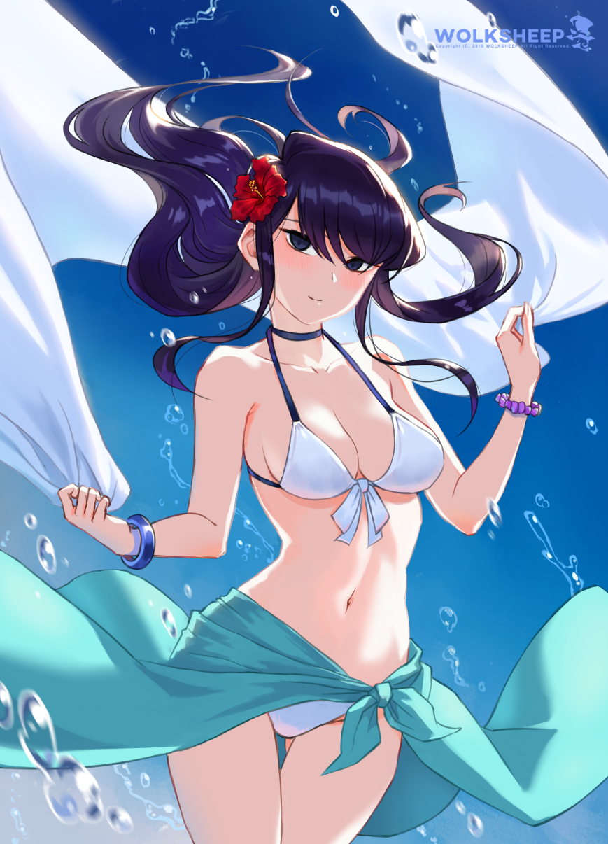 1girls bikini bikini_skirt black_hair blush bracelet breasts detailed_background female female_focus female_only highres human komi-san_wa_komyushou_desu komi_shouko long_hair medium_breasts navel open_eyes solo style swimsuit water wox