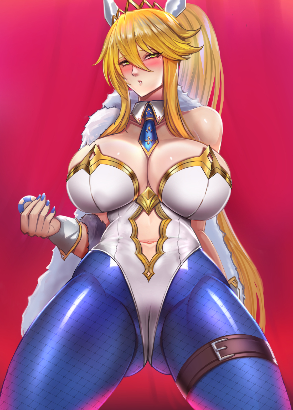 1girls, artoria pendragon, artoria pendragon (lancer), artoria pendragon (swimsuit ruler), badcompzero, blush, breasts, bunny ears, cleavage, fate (series), fate/grand order, female, female only, large breasts, looking at viewer, pantyhose, solo