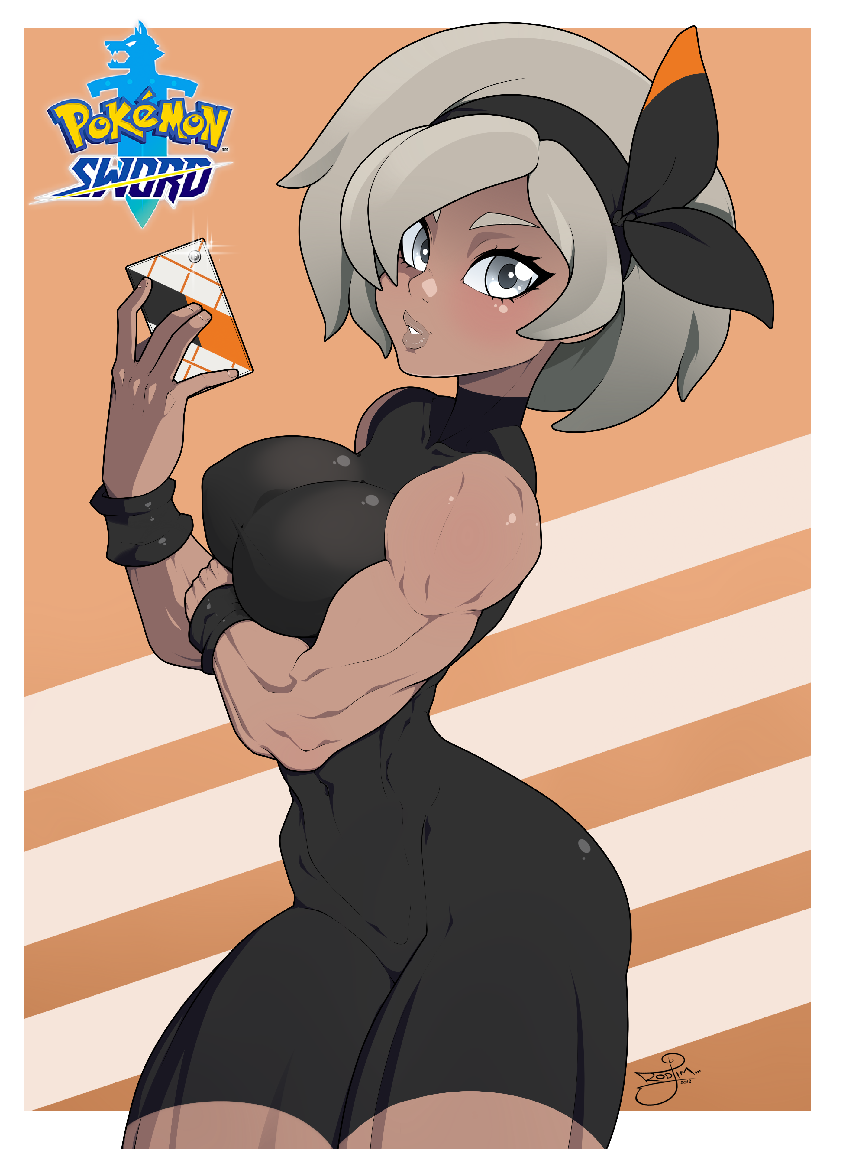 1girls, abs, absurdres, alternate breast size, ass, bea (pokemon), big breasts, bodysuit, breasts, dark skin, dark-skinned female, eye contact, female, female only, hair over one eye, highres, holding, large breasts, logo, looking at viewer, muscles, muscular, muscular female, nintendo, phone, pokemon, pokemon ss, rodjim, selfie, solo, text, thick thighs, wide hips