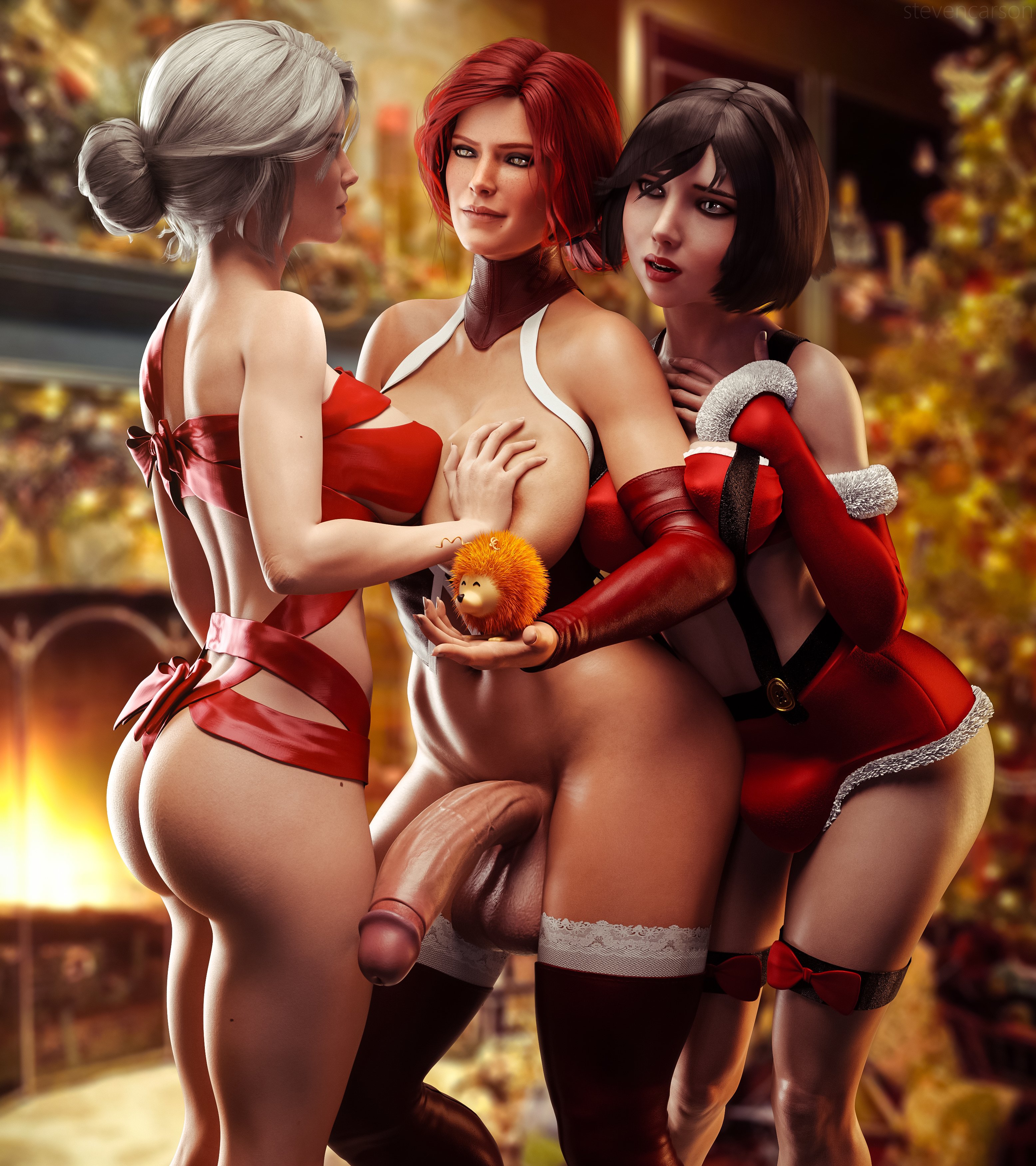 1girls, 2futas, 3d, absurdres, alternate breast size, ass, balls, balls bulge, balls in panties, balls under clothes, big breasts, bioshock, bioshock infinite, breast grab, breasts, bubble ass, bubble butt, bulge, cameltail, cd projekt red, christmas, christmas outfit, christmas tree, ciri, curvy, elizabeth comstock, erect nipples, female, female on futa, fireplace, futa on female, futa on futa, futa sans pussy, futa with female, futanari, half-erect, highres, huge breasts, huge cock, intersex, large ass, large balls, large breasts, large penis, nipple bulge, nipples, nude, panties, panty bulge, penis, penis bulge, penis in panties, penis under clothes, realistic, ribbon, ribbon bondage, sagging balls, santa costume, stevencarson, the witcher, the witcher (series), the witcher 2, the witcher 3: wild hunt, thighhighs, triss merigold, wide hips