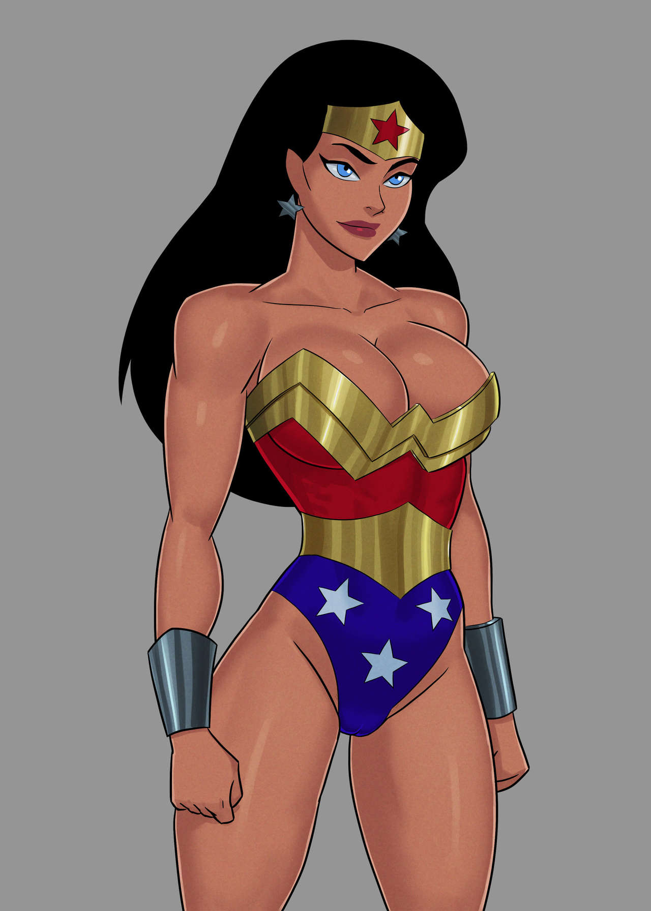 1girls, biceps, big breasts, black hair, blue eyes, breasts, busty, cameltoe, cleavage, dc, dc comics, dcau, female, female only, huge breasts, justice league, long hair, muscular, muscular female, pussy, red lipstick, solo, sunsetriders7, tiara, wonder woman, wonder woman (series)