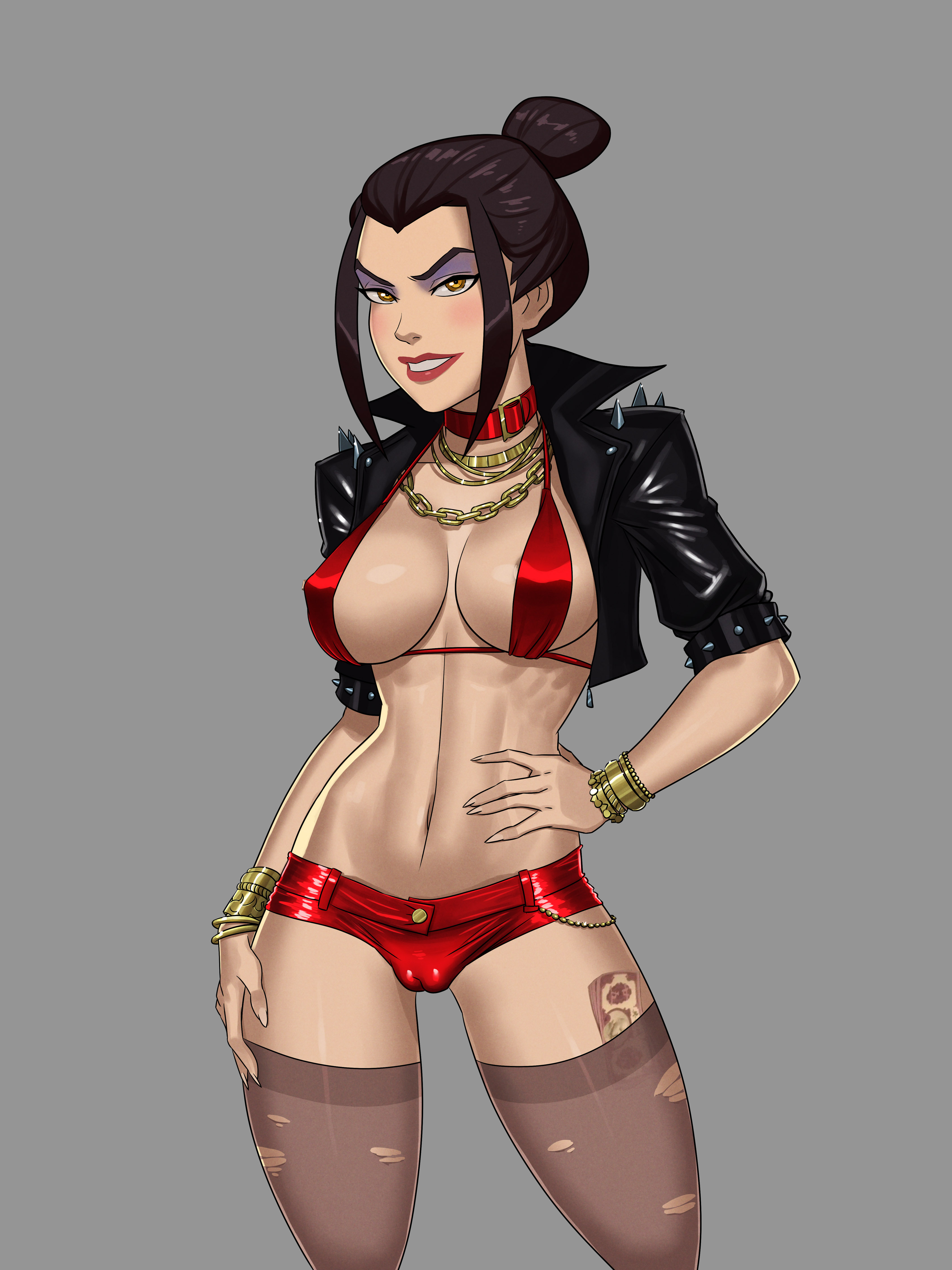 1girls, abs, areola slip, athletic, avatar the last airbender, azula, bare midriff, big breasts, black hair, bra, bracelet, breasts, brown hair, busty, cameltoe, clothing, collar, cropped jacket, erect nipples, eyelashes, eyeshadow, female, female focus, female only, fit, fit female, hourglass figure, huge breasts, large breasts, leather jacket, lipstick, long fingernails, long hair, makeup, mascara, money, money under clothes, muscular, muscular female, naughty face, navel, necklace, nipple bulge, nipples, pinup, pose, posing, prostitute, pussy, royalty, seductive, seductive smile, shorts, skimpy, skimpy clothes, sleeves rolled up, smile, solo, standing, stockings, sunsetriders7, tagme, thick thighs, thighhighs, toned, toned female, wide hips