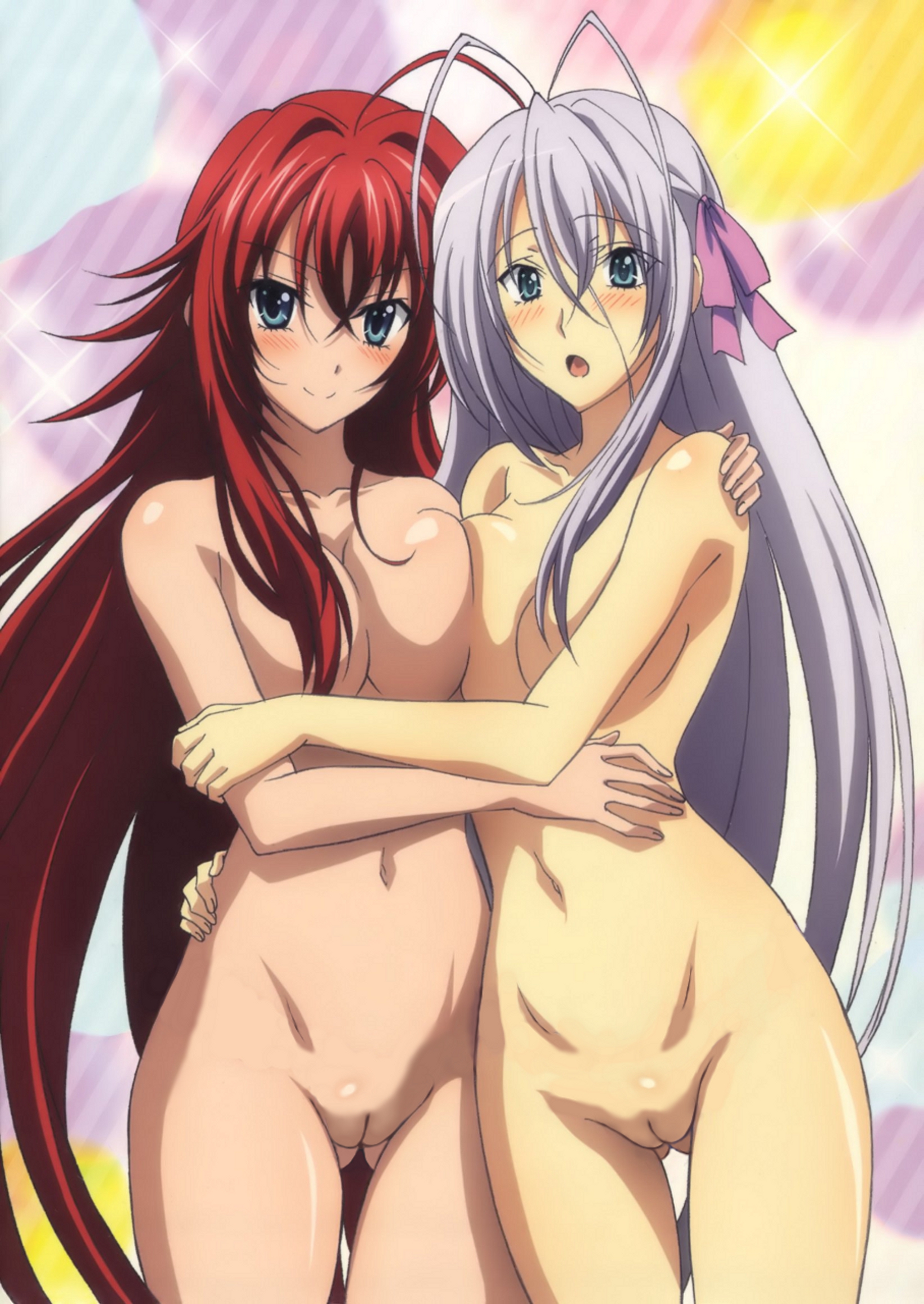 :o, 10s, 2girls, ahoge, arm around shoulder, arm around waist, blue eyes, blush, breast press, breasts, female, female focus, female only, hair ornament, hair ribbon, high school dxd, highres, hug, large breasts, long hair, looking at viewer, multiple females, multiple girls, navel, nude, nude female, nude filter, open mouth, pussy, red hair, rias gremory, ribbon, rossweisse, shaved pussy, silver hair, smile, standing, symmetrical docking, third-party edit, uncensored, yuri