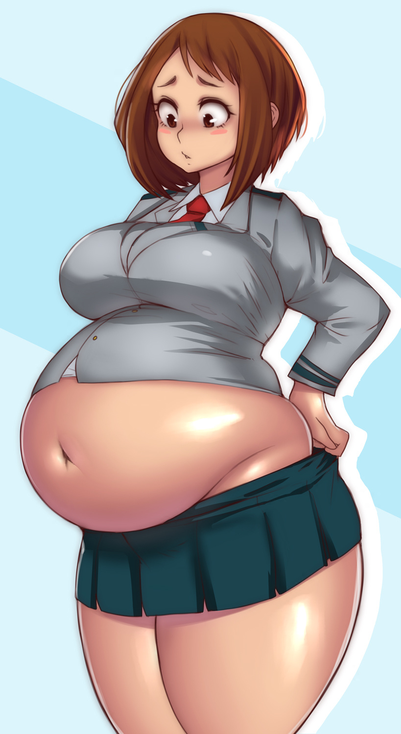 1girls bbw belly belly_overhang big_belly blush blushing bob_cut chubby chubby_female embarrassed fat fat_female fat_fetish fat_girl fat_woman fatty female female_only fupa kipteitei lard larger_female light-skinned_female light_skin my_hero_academia navel obese obese_female ochako_uraraka overweight overweight_female pork_chop school_uniform short_skirt simple_background skirt solo solo_focus thick_thighs tight_clothing tubby weight_gain