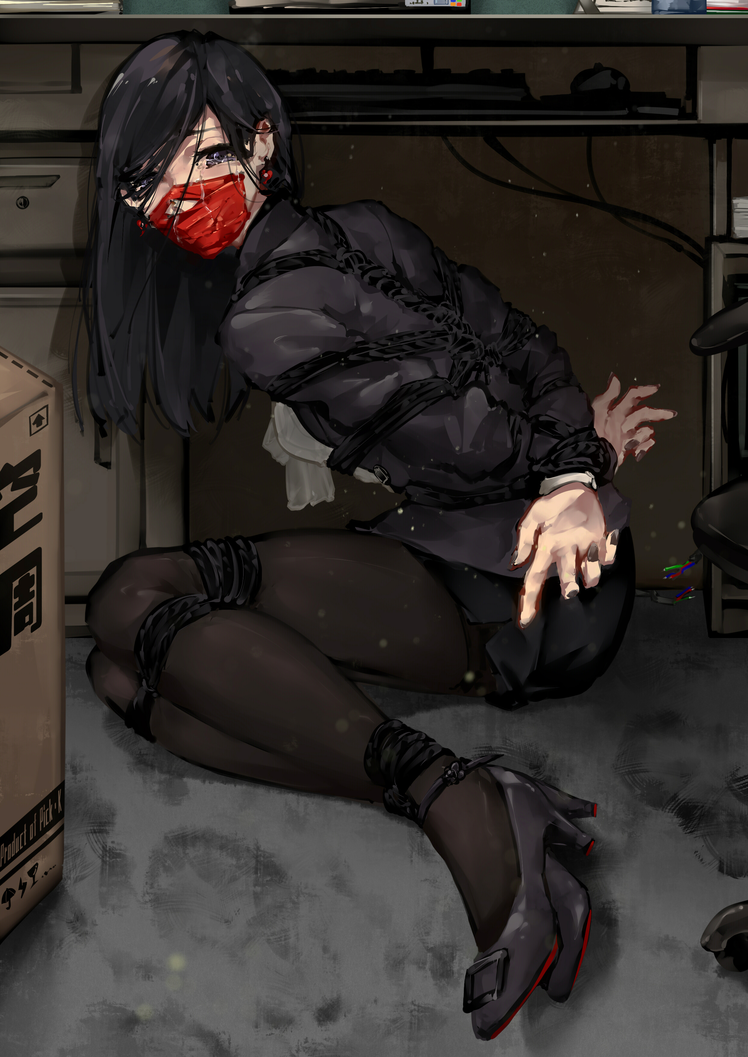 1girls, 2018, arms behind back, black hair, bondage, bound, bound ankles, bound legs, bound wrists, clothing, crying, crying with eyes open, earrings, female, female focus, female only, femsub, fingernails, gag, gagged, helpless, high heels, kidnapped, long hair, looking at viewer, mouth gag, pick'k, pick`k, purple eyes, rope, rope bondage, snot, submissive, submissive female, tape, tape gag, taped mouth, tears, tied, tied up
