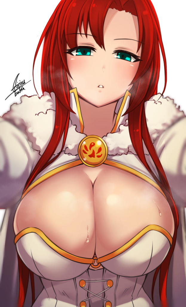 1girls, airisubaka, artist name, blush, boudica (fate), boudica (third ascension) (fate), breasts, cleavage, commentary request, fate (series), fate/grand order, female, green eyes, huge breasts, large breasts, long hair, looking at viewer, outfit, parted lips, red hair, selfie, short hair, shrug (clothing), simple background, solo, sweat, white background