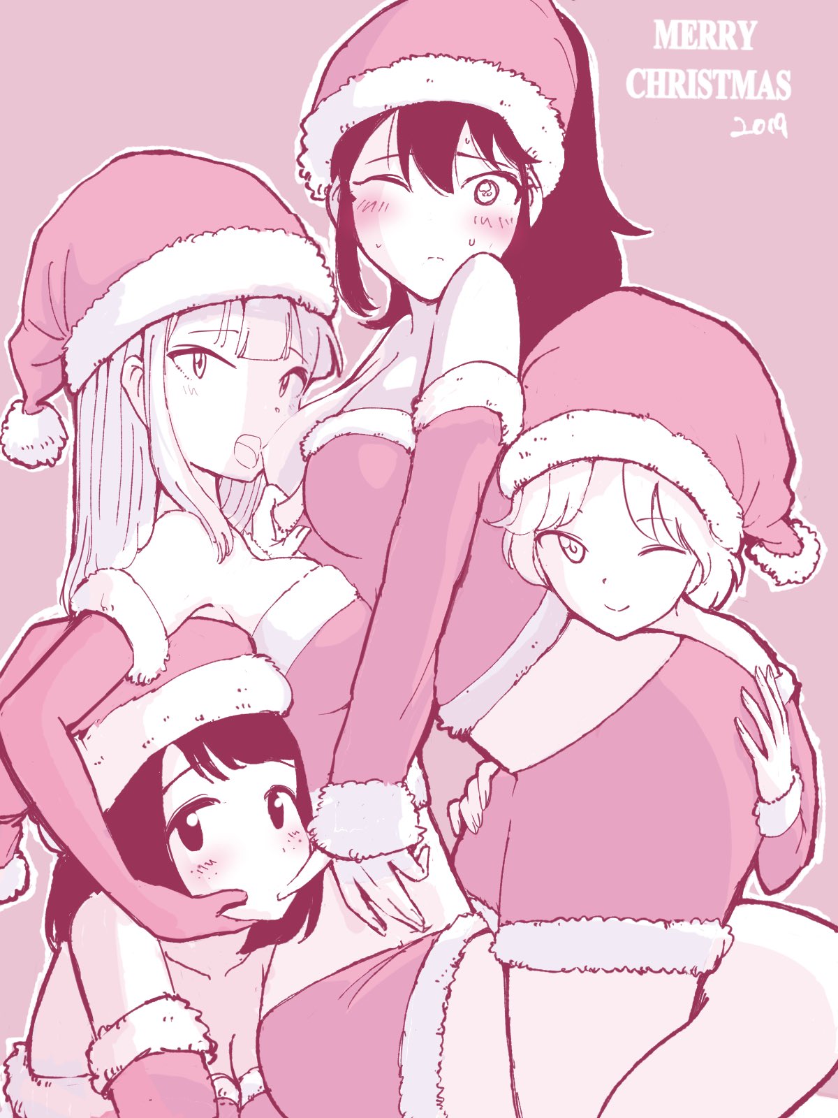 ass ass_grab bangs bent_over black_hair blonde_hair blunt_bangs breast_sucking clothing hat highres kaho_kusunoki kajino_(aosansai) katou_asuka long_hair looking_at_viewer multiple_girls narita_miho one_eye_closed ponytail santa_dress santa_hat sasaki_fuuka short_hair watashi_ga_motenai_no_wa_dou_kangaetemo_omaera_ga_warui! yuri