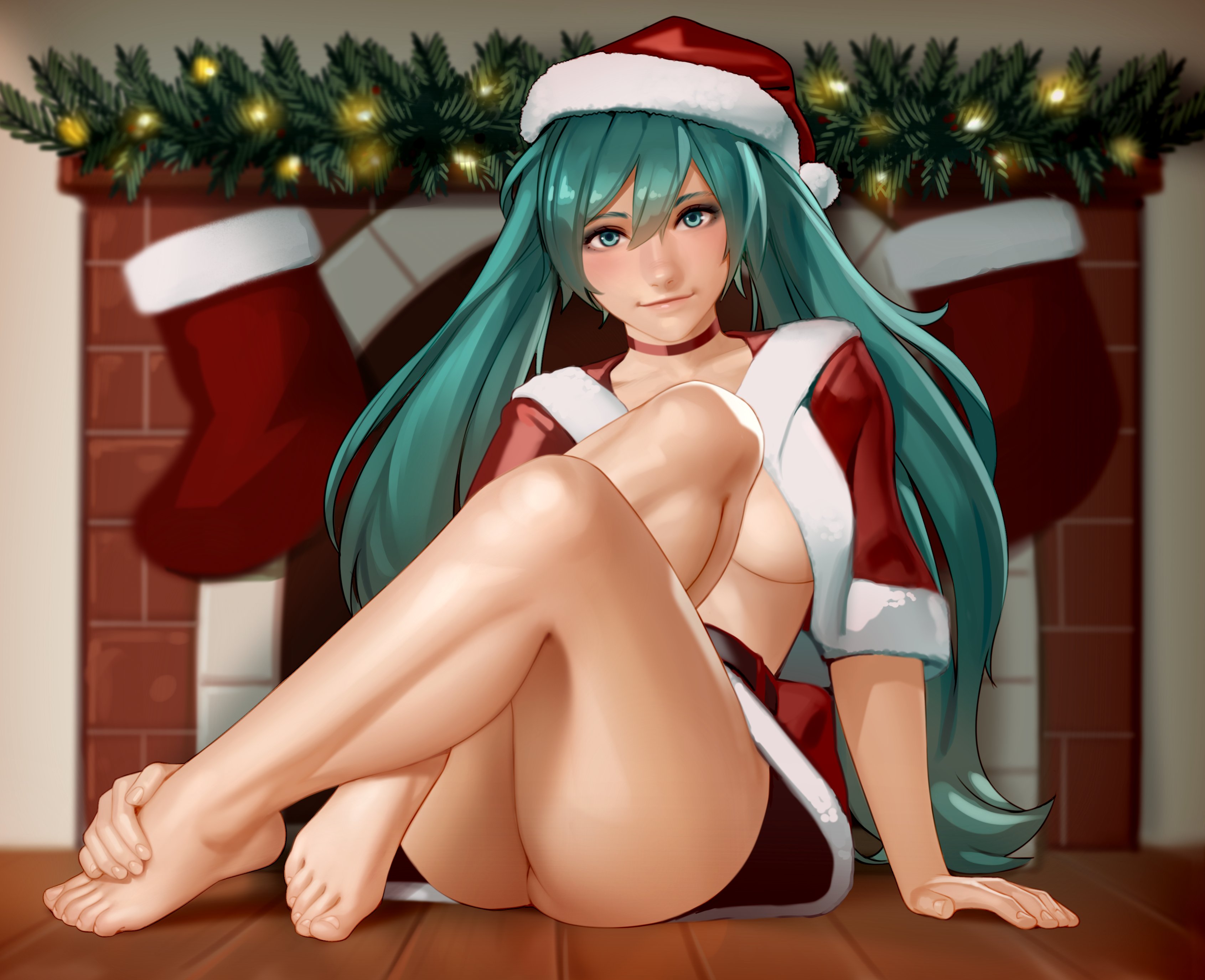 1girl, 1girls, absurdres, aqua eyes, aqua hair, ass, barefoot, breasts, choker, christmas, christmas outfit, christmas tree, cleavage, feet, female, female only, fireplace, full body, hands on feet, hat, hatsune miku, highres, indoors, kairuhentai, kairunoburogu, large breasts, legs, lips, long hair, looking at viewer, no bra, no panties, red choker, santa costume, santa hat, sitting, skirt, smile, solo, toes, twintails, underboob, very long hair, vocaloid, wooden floor