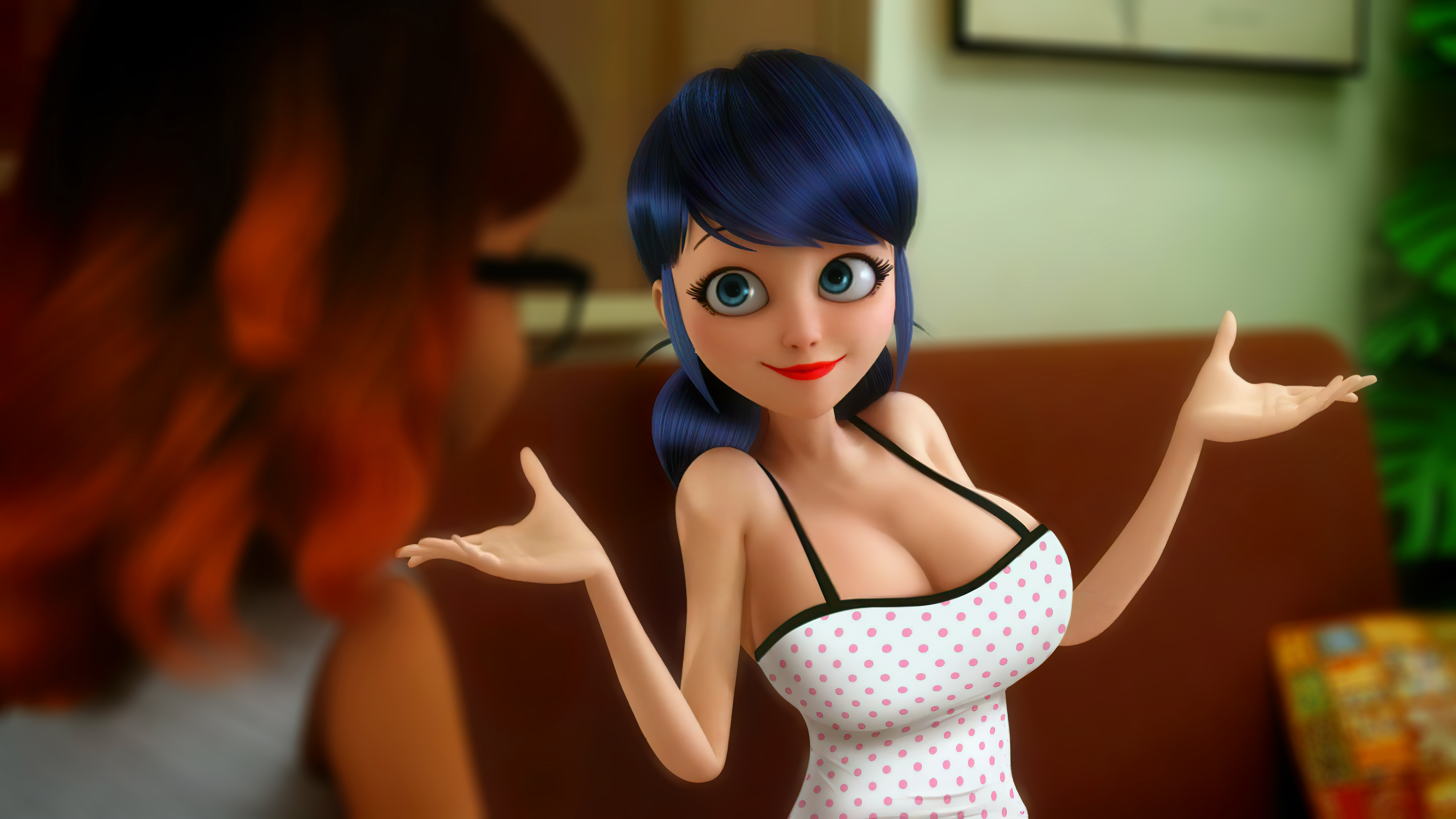 1girls, absurd res, breasts, cleavage, edit, female, female only, gan (artist), half-dressed, huge breasts, lips, lipstick, looking at viewer, marinette cheng, marinette dupain-cheng, miraculous ladybug, screenshot, screenshot edit, tagme