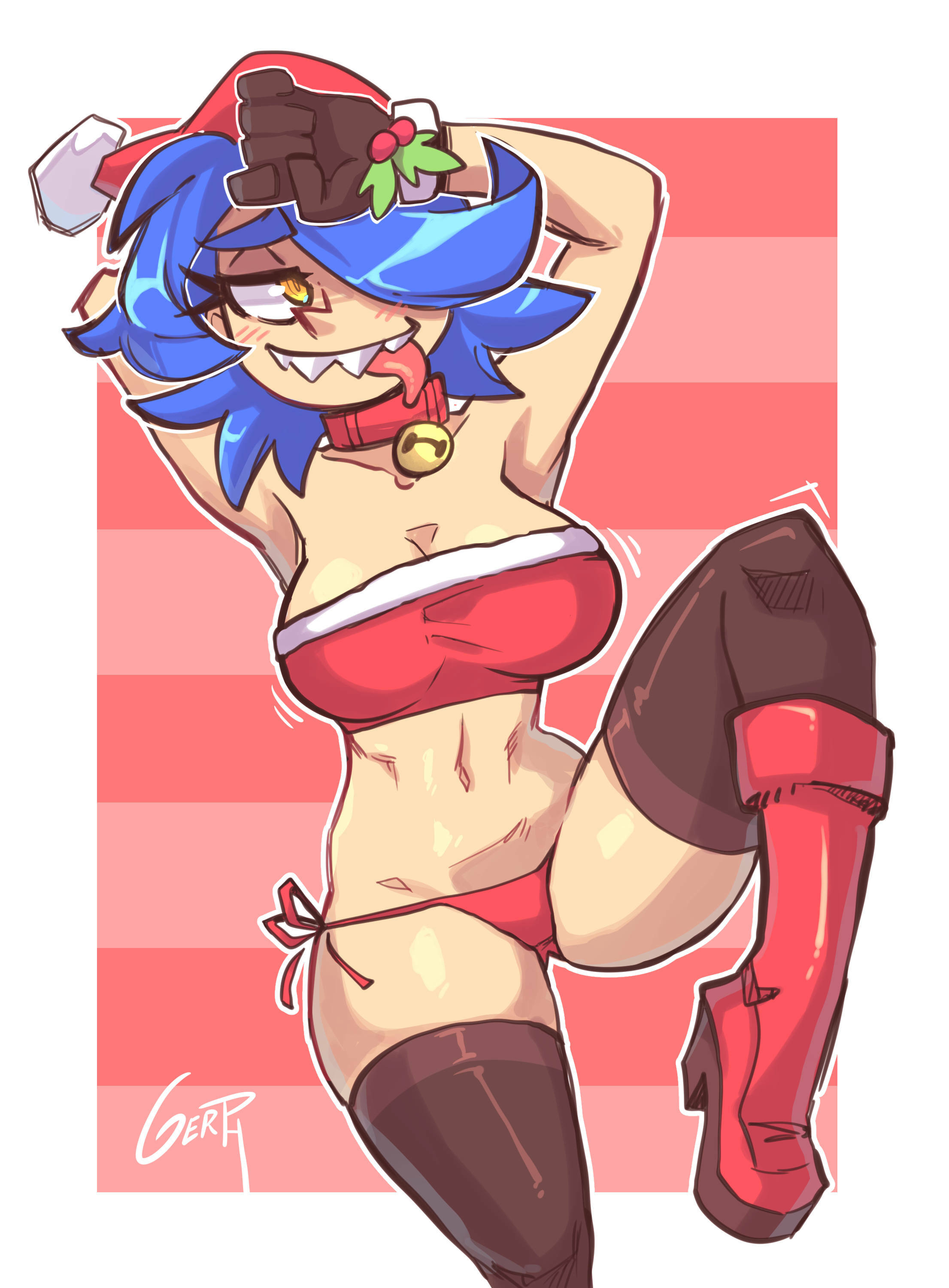 1girls, absurdres, big breasts, breasts, christmas, female, female only, gerph, highres, large breasts, santa hat, skarp world, skarpne (skarp world), solo