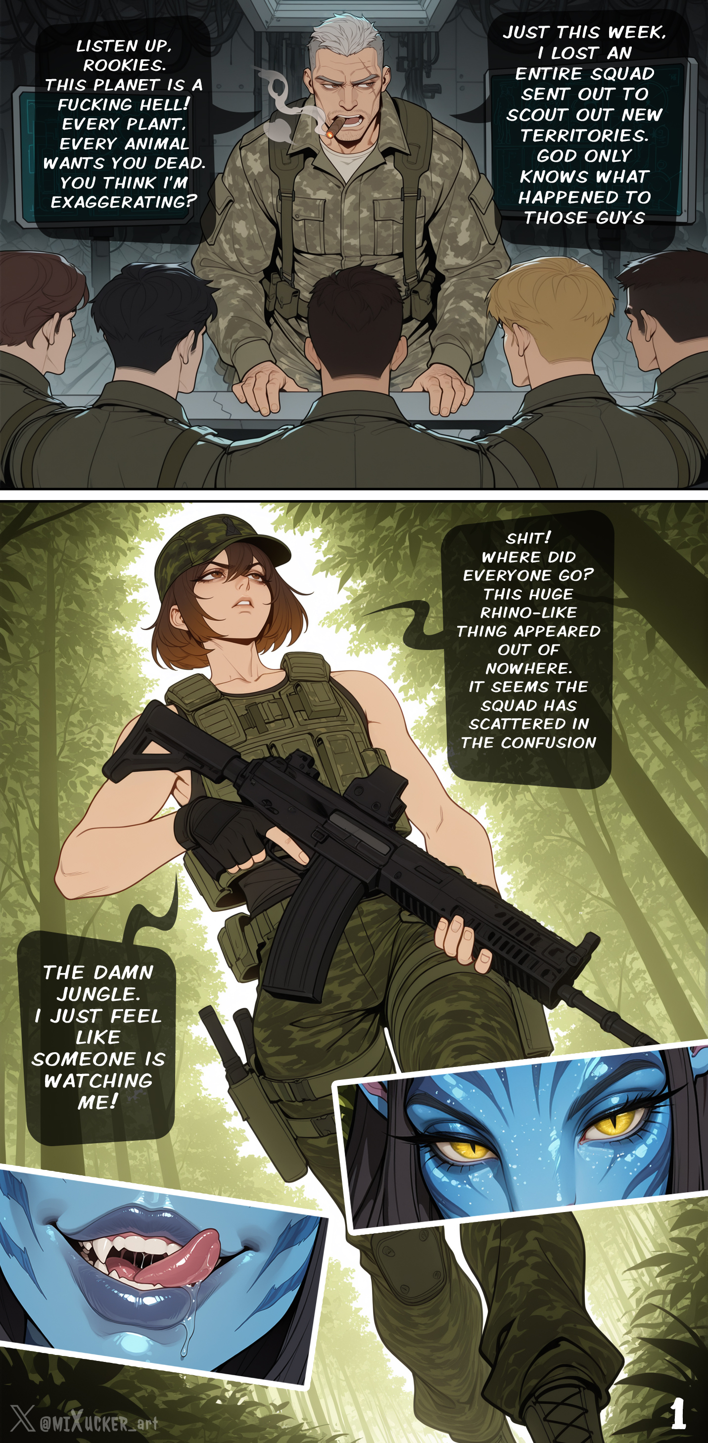 1boy, 2026, 2d, 2d (artwork), adult, adult female, ai generated, alien, alien girl, alien humanoid, alien/human, amazon, artist name, avatar, avatar: fire and ash, avatar: the way of water, big female, big woman, bigger female, bigger woman, blue body, blue skin, brown hair, clothing, colored skin, comic, comic page, comic panel, comics, dialogue, english, english commentary, english text, fangs, feline, female, first page, from front, full body, full lips, giant female, giantess, gigantic female, height difference, hi res, highres, human, human male, humanoid, indoors, inside, jungle, large female, large woman, larger female, larger female smaller male, licking lips, light skin, light skinned male, light-skinned male, looking at another, male, male focus, male human, mature, mature body, mature male, mature woman, mini comic, mini giantess, mixucker, movie, multiple views, na'vi, nature, open mouth, outdoors, saliva, seductive look, self upload, short hair male, shorter male, size difference, size play, smaller male, smaller male larger female, smile, smiling, speech bubble, stable diffusion, talking, talking to another, tall, tall female, tall girl, tall woman, taller female, taller girl, taller woman, text, text bubble, thick lips, tribal, twitter username, uncensored, watermark, yellow eyes