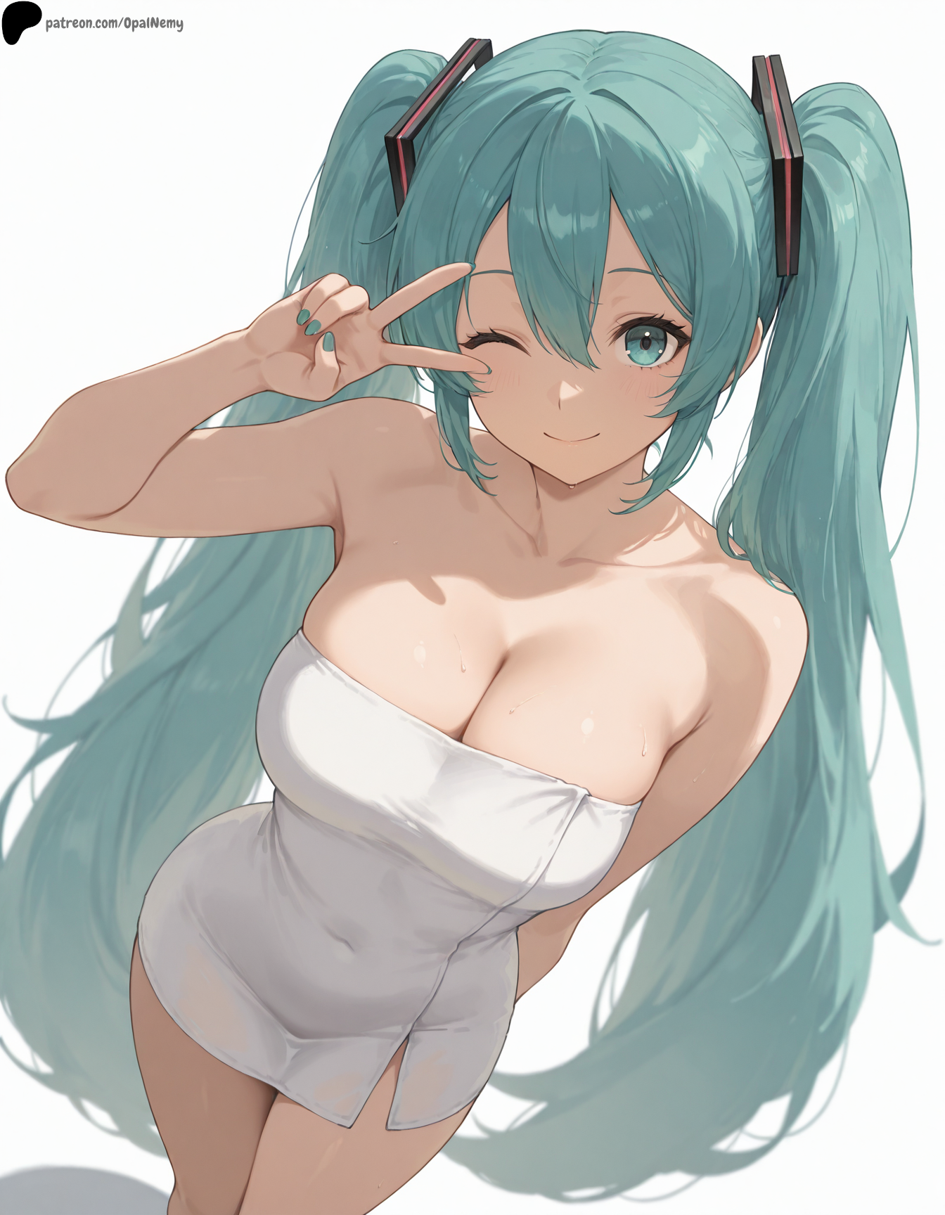 1girl, 1girls, ai generated, aqua eyes, aqua hair, arm behind back, armpit crease, bangs, bare shoulders, blue eyes, blue hair, blush, breasts, cleavage, closed mouth, collarbone, covered navel, cowboy shot, female, female only, fingernails, hair between eyes, hair ornament, hatsune miku, hi res, high quality, high resolution, highres, large breasts, light, long hair, looking at viewer, nail polish, naked towel, nose, one eye closed, opal nemy, patreon logo, patreon url, patreon username, plain background, self upload, shadow, shiny, shiny hair, shiny skin, simple background, smile, solo, standing, thighs, towel, twintails, v, v over eye, very long hair, vocaloid, watermark, wet, white background, white towel