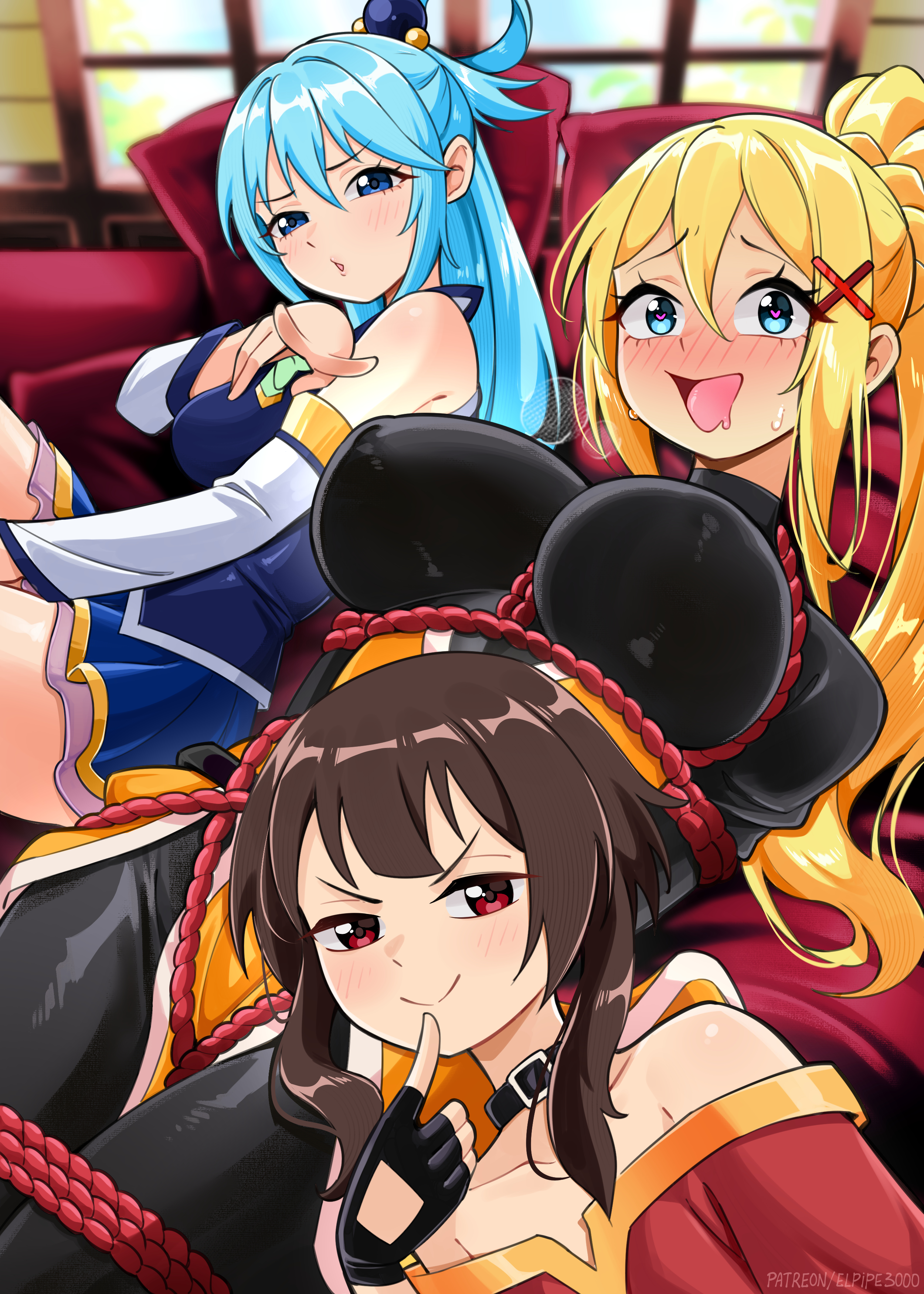 :d, 3girls, absurdres, aqua (konosuba), bare shoulders, black collar, black gloves, blonde hair, blue eyes, blue hair, blue shirt, blue skirt, blurry, blurry background, blush, bondage, bound, breasts, brown hair, closed mouth, collar, collarbone, commentary, couch, darkness (konosuba), detached sleeves, elpipe 3000, english commentary, female, female only, female pervert, fingerless gloves, gloves, hair ornament, hair rings, heart, heart-shaped pupils, highres, kono subarashii sekai ni shukufuku wo!, large breasts, long hair, looking at viewer, masochism, medium breasts, medium hair, megumin, multiple girls, on couch, open mouth, pervert, ponytail, red eyes, red shirt, restrained, shirt, sidelocks, skirt, smile, smug, symbol-shaped pupils, white sleeves, x hair ornament