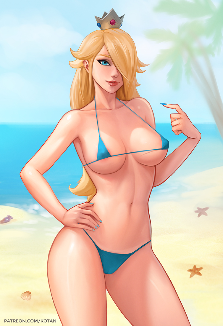 1girls, beach, big breasts, bikini, blonde hair, blue bikini, blue eyes, blue nails, blurry background, breasts, busty, cleavage, crown, curvy, digital media (artwork), eye contact, female, female focus, female only, hair over one eye, hand on hip, kotan, large breasts, long hair, looking at viewer, mario (series), nail polish, nintendo, ocean, outdoors, pose, posing, princess rosalina, sideboob, smile, solo, solo female, solo focus, standing, swimsuit, thick thighs, thighs, underboob, very long hair, wide hips