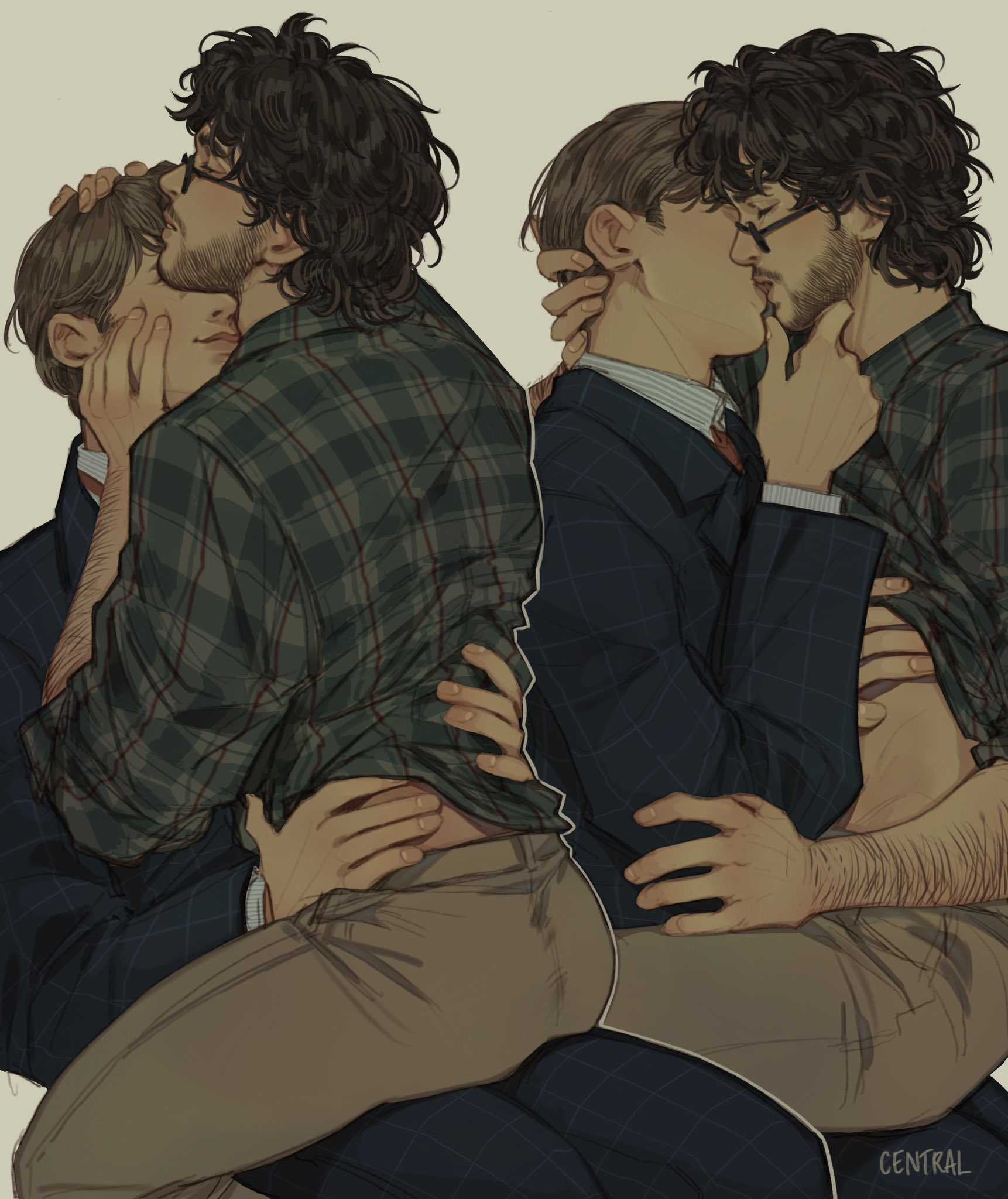 clothed, fully clothed, gay, gay male, hand on hip, hannibal, hannibal lecter, kissing, making out, middle aged man, sitting on lap, will graham, yaoi