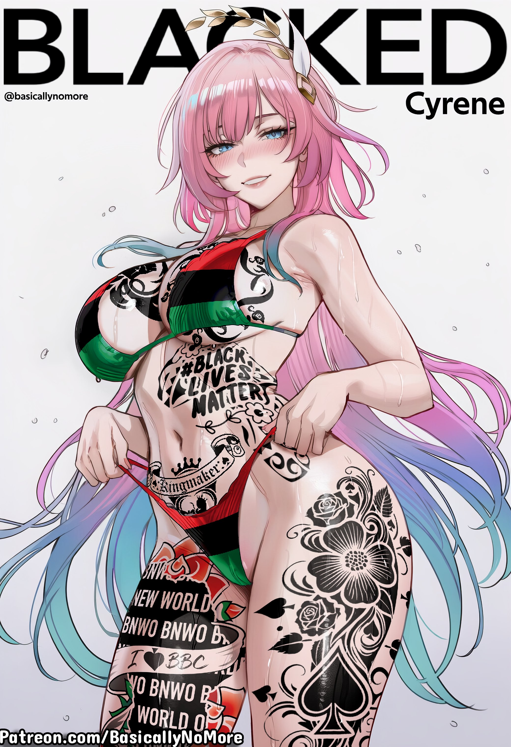 ai generated, anime, basicallynomore, blacked, cyrene (honkai: star rail), female, honkai: star rail, looking at viewer, pan african colors, pan-african flag bikini, pubic tattoo, qos, qos tattoo, queen of spades, queen of spades symbol, queen of spades tattoo, tattoo, tattoos, white skin