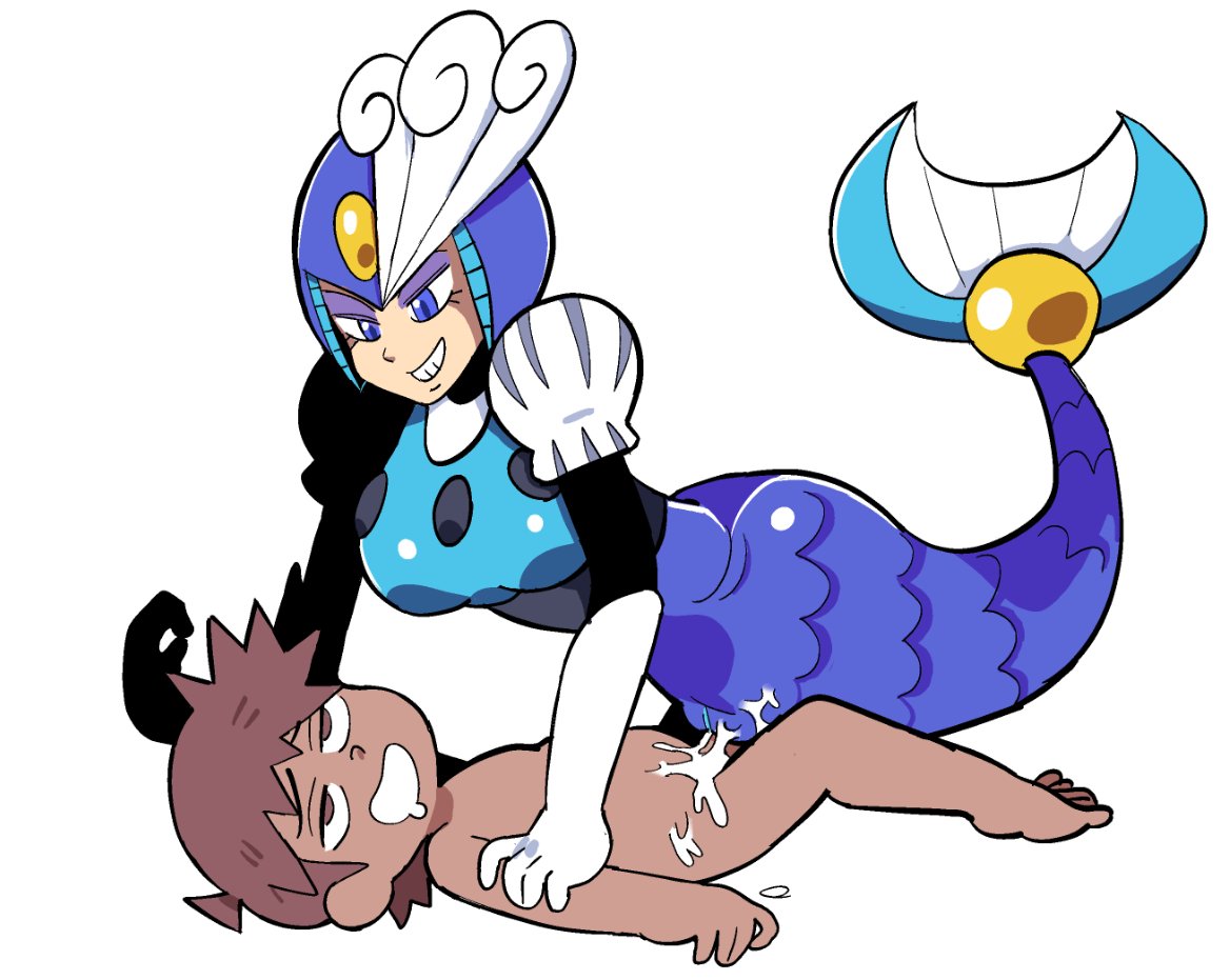 1boy 1girls 1her00 assertive blue_eyes brown_eyes brown_hair capcom cum dark-skinned_male dark_skin drooling eyebrows eyeshadow female female_on_top femdom girl_on_top hair helmet looking_down looking_pleasured male male_penetrating mega_man mega_man(classic) mega_man_9 mermaid mermaid_pussy nude on_top penetration pussy ride riding robot sex smile splash_woman straight vagina vaginal_penetration video_games