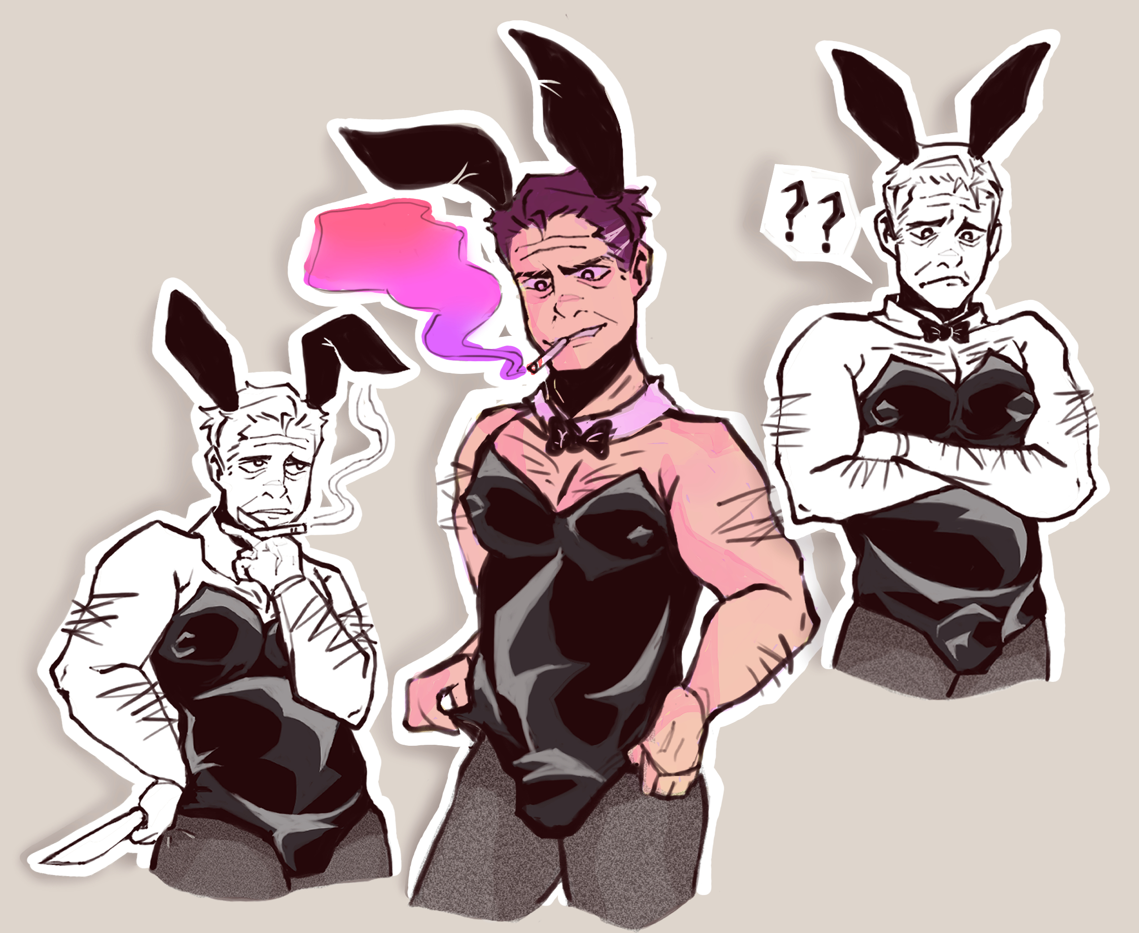 1boy, arm hair, brown hair, bunny costume, bunny ears, bunnysuit, cigarette, crossdressing, dick, dilf, excited, fat male, five nights at freddy's, fnaf, horny, latex, male, male only, nipples visible through clothing, old, older male, pantyhose, penis, purple guy (fnaf), simple background, solo, solo male, william afton
