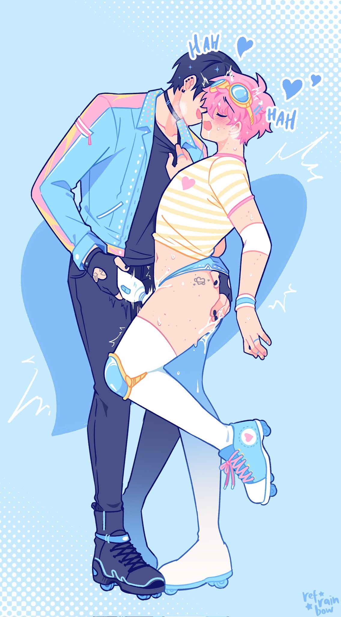2boys, adrian (boyfriends), artist name, boyfriends (webtoon), cum, felix (boyfriends), femboy, gay, hand on ass, magic wand, refrainbow, sweat, sweatdrop, trans (lore), transmasc, vibrator, vibrator on penis, yaoi
