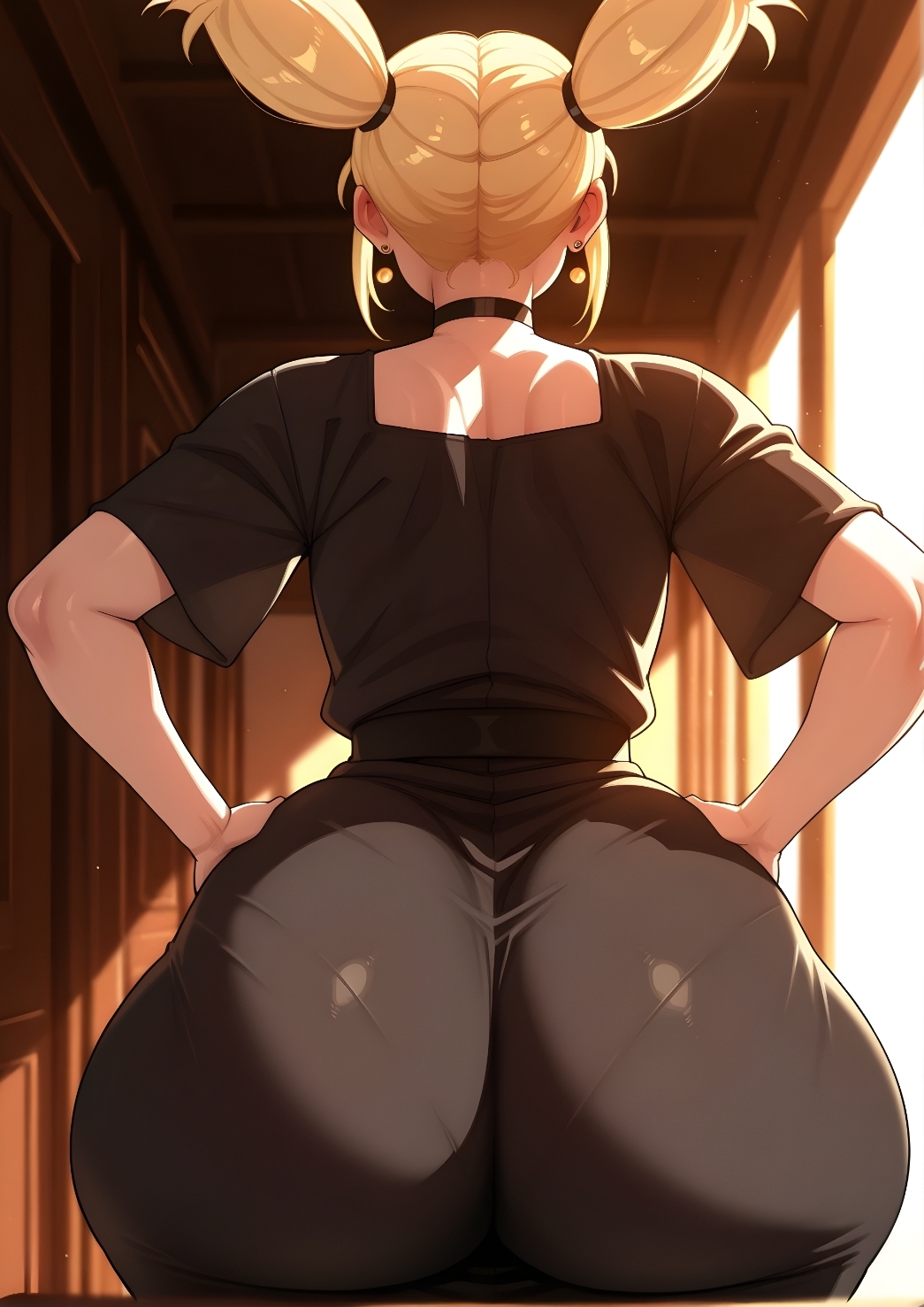 1girl, 1girls, ai generated, ass focus, back view, big ass, big ass (female), blonde hair, choker, dress, earrings, jujutsu kaisen, mrnails, nishimiya momo, pantylines, rear view, simple, simple background, solo, solo female, tight clothing