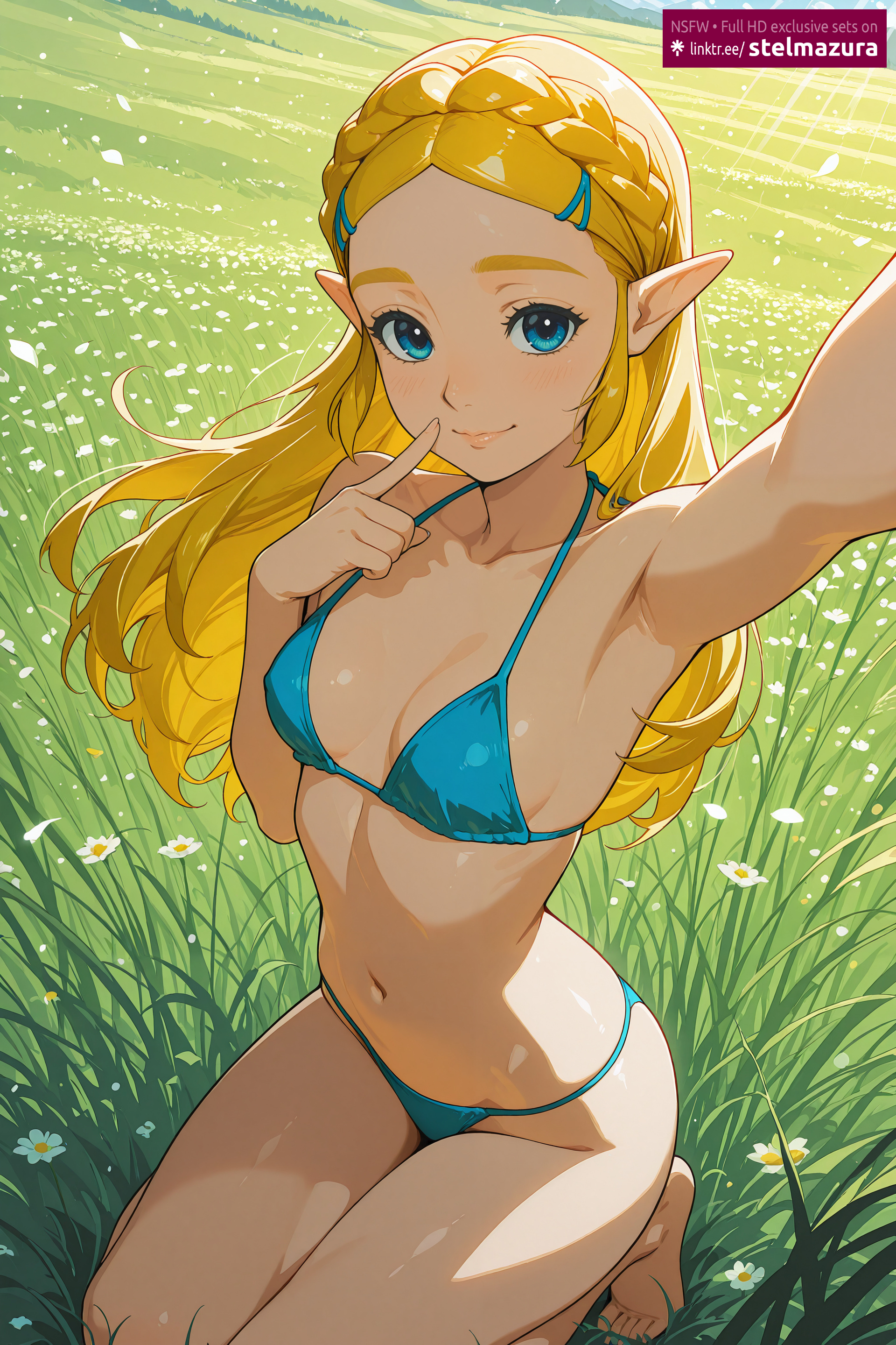 ai assisted, ai generated, arm up, armpits, bangs, barefoot, bikini, blonde hair, blue bikini, blue eyes, blush, braid, breasts, breath of the wild, closed mouth, collarbone, crown braid, day, female, female only, field, finger to mouth, flower, grass, hair ornament, hairclip, halterneck, kneeling, lips, long hair, looking at viewer, medium breasts, navel, outdoors, outstretched arm, parted bangs, pointy ears, princess zelda, reaching towards viewer, selfie, smile, solo, stelmazura, stomach, string bikini, swimsuit, the legend of zelda, zelda (breath of the wild)