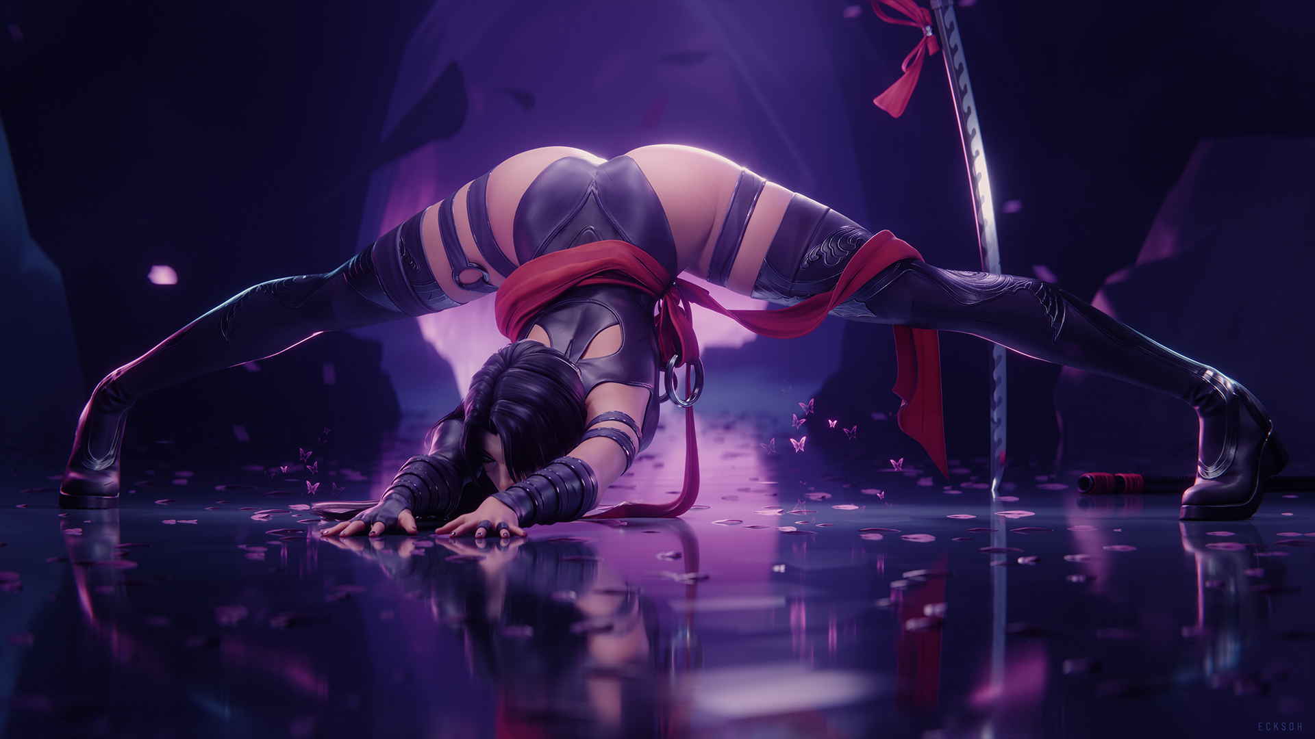 1girls, 2026, 3d, armpits, ass, belt, boots, covered breasts, detailed background, earrings, ecksoh, eyeliner, eyeshadow, female, female only, fingerless glove, full body, hair over eyes, hairless armpits, highleg leotard, highly detailed, hime cut, jack-o pose, jack-o' pose, laying down, laying on back, laying on ground, legs spread, leotard, lipstick, long fingernails, long hair, marvel, marvel rivals, medium breasts, nail polish, no nude, no nudity, non nude, non-nude, painted nails, psylocke, psylocke (sai) (vengeance), purple hair, purple nail polish, ring belt, skimpy, skimpy costume, solo, splits, spread legs, thigh high boots, thigh highs, thigh strap, thighhigh boots, thighhighs, thighs, top-down bottom-up, waist belt, x-men