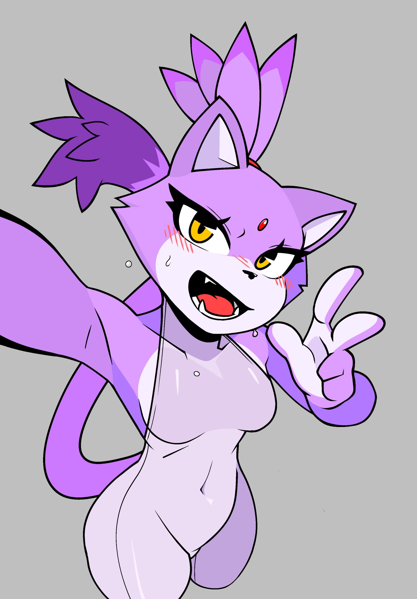 1girls, anthro, armpit, armpit crease, average breasts, belly, belly button, blaze the cat, blush, blush lines, breasts, cat ears, cat tail, catgirl, collarbone, covered navel, covered nipples, curvaceous, curvy, curvy figure, cute, digital media (artwork), eyelashes, fangs, felid, feline, female, female only, fur, furry, gem on forehead, hair tie, highres, hips, hourglass figure, humanoid, leotard, long tail, medium breasts, mobian (species), navel, navel visible through clothes, peace sign, purple body, purple fur, ryuuuk1, sega, selfie, sharp teeth, sideboob, simple background, simple shading, singlet, skin tight, smile, smiling, solo, sonic (series), sonic the hedgehog (series), sweat, sweatdrop, sweating, tail, thick thighs, thighs, thin waist, tight clothing, trapezius, wide hips, yellow eyes