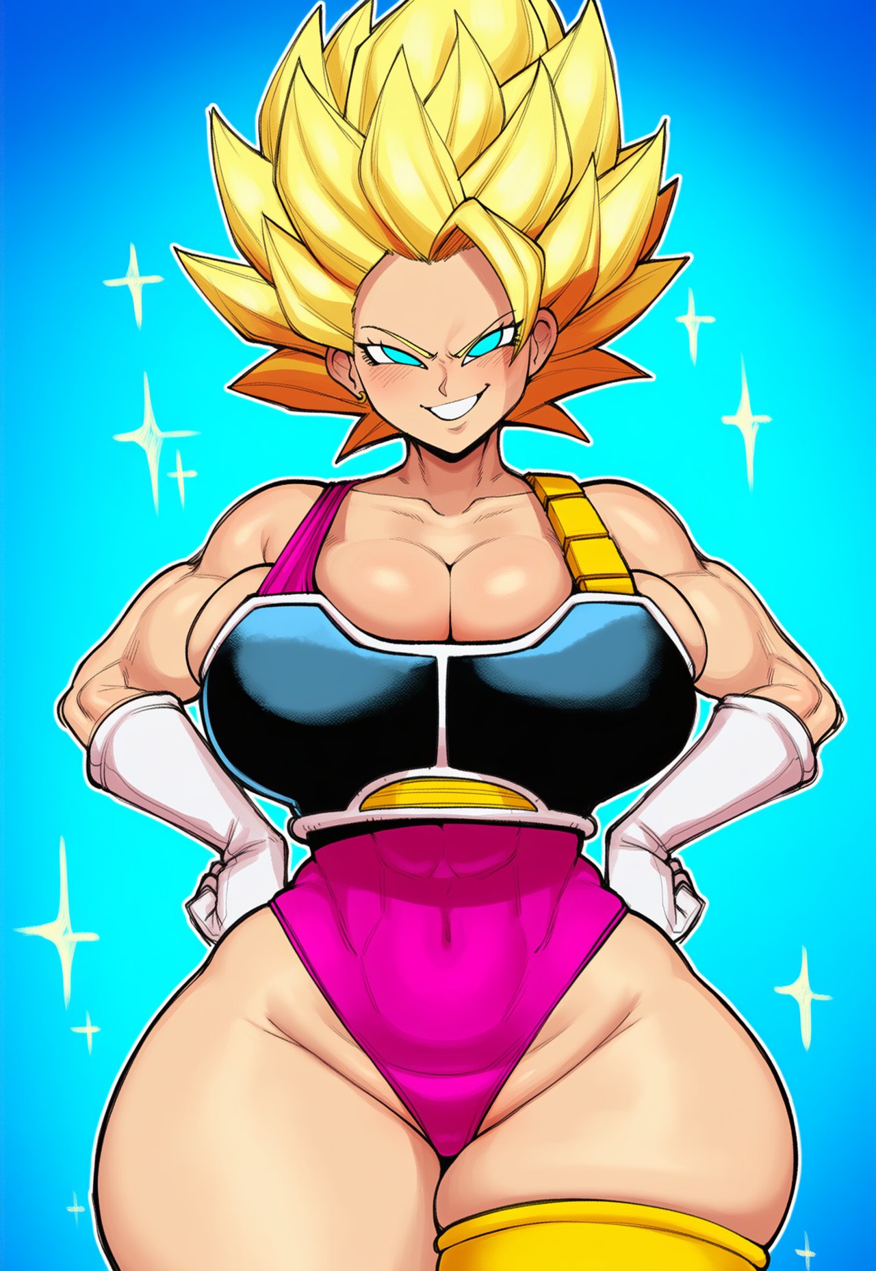 1girls, 2d, abs, ai generated, aqua eyes, armor, biceps, big breasts, big butt, big thighs, blonde hair, blue background, blue eyes, breasts, caulifla, cleavage, cosplay, covered navel, dragon ball, dragon ball super, dragon ball z, female, female only, gigigens, gloves, grin, hands on own hips, huge breasts, large breasts, large butt, large thighs, leotard, looking at viewer, muscles, muscular, muscular female, narrow waist, seripa (cosplay), single thighhigh, smile, smirk, smug, solo, sparkle, spiked hair, super saiyan, super saiyan 2, thick ass, thick butt, thick thighs, thighhighs, thighs, white gloves, wide hips