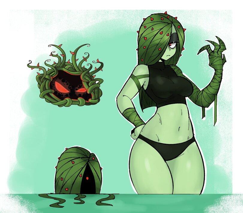 1girls, crop top, female, garp sand, green hair, green skin, humanized, in water, long hair, panties, plants vs zombies, red eyes, spiky hair, tagme, tangle kelp (pvz), unseen female face, water