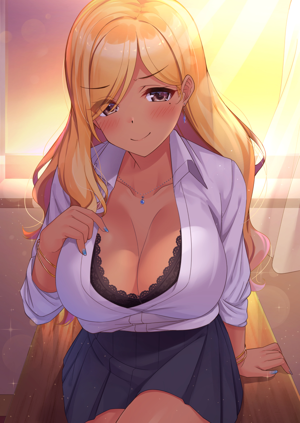 1girls bangle big_breasts black_bra black_skirt blonde_hair blue_nails blush bra bra_cups_sticking_out bracelet breasts brown_eyes cleavage closed_mouth collarbone collared_shirt curtains dark_skin earrings female_only gyaru highres indoors jewelry large_breasts light_smile long_hair long_sleeves looking_at_viewer mole mole_under_eye nail_polish necklace original shirt sitting skirt solo sparkle sunlight super_nagoyaka tan underwear white_shirt window wing_collar