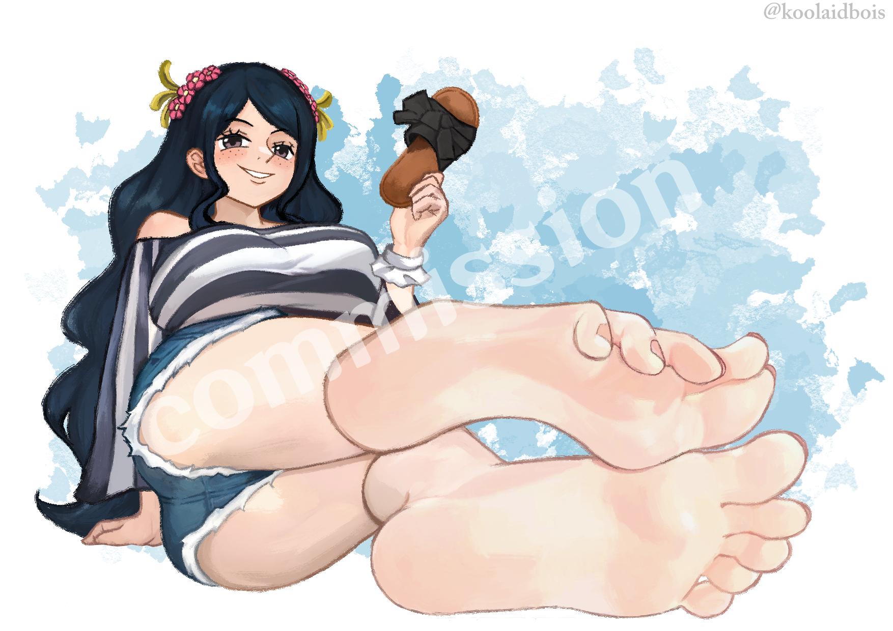 1girls, 2d, 2d (artwork), 2d artwork, arm support, ass, bare legs, bare skin, bare soles, bare thighs, bare toes, barefoot, big breasts, black hair, black-haired female, blue background, breasts, brown eyes, brown-eyed female, busty, busty female, busty girl, busty teen, digital, digital art, digital drawing, digital drawing (artwork), digital media, digital media (artwork), drawing, exposed legs, exposed skin, exposed thighs, exposed toes, feet, female, female focus, female only, fingers, flower, flower hair ornament, flower in hair, flower on head, foot fetish, foot focus, footwear, freckle, freckles, freckles on face, full body, groin, hair ornament, high resolution, highres, human form, human version, ishilly, jean shorts, koolaidboi, large boobs, large breasts, legs, long hair, looking at viewer, one piece, parted bangs, parted lips, post-timeskip, sandals, shoulders, simple background, sitting, smile, smiley face, smiling, smiling at viewer, soles, solo, thick thighs, thighs, toes, white background