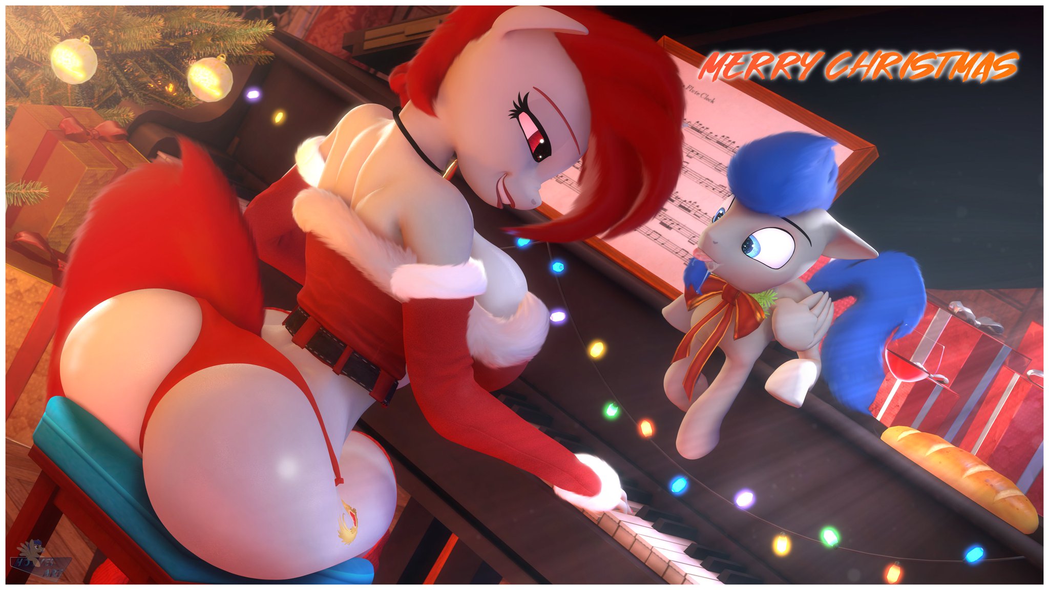 3d, 3d (artwork), ass, big ass, big breasts, breasts, christmas outfit, cleavage, curvy, curvy figure, equine, female, hooves-art, huge ass, huge breasts, large ass, large breasts, larger female, male, my little pony, piano, red eyes, red hair, santa costume, smile