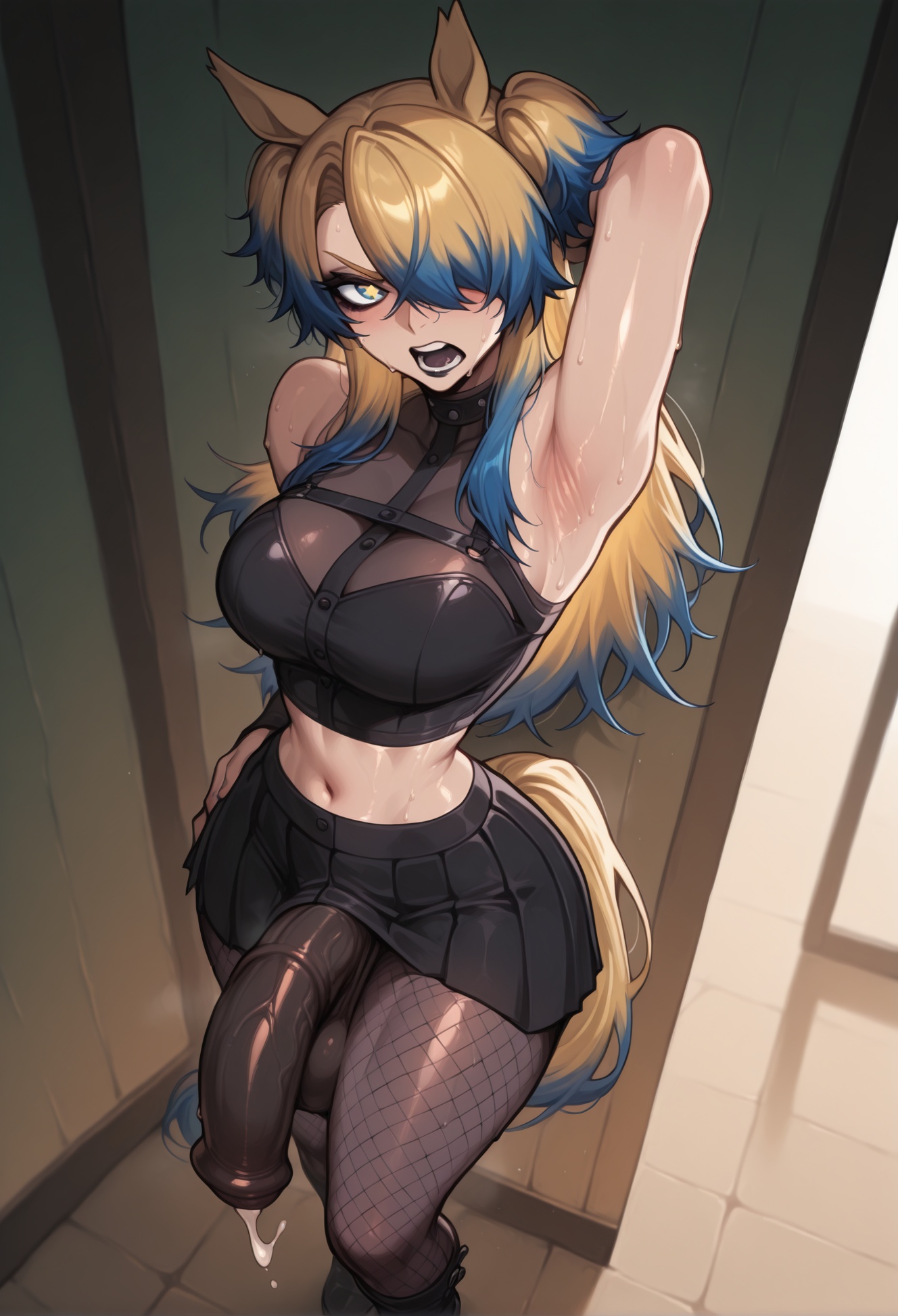 1futa, 1futanari, ai generated, ass, asymmetrical clothes, asymmetrical hair, asymmetrical legwear, asymmetrical pants, big ass, big breasts, big butt, big hips, big penis, blue eyes, blue hair, breasts, cleavage, clothed, clothing, dick, dickgirl, eyebrows, eyelashes, futa only, futanari, grin, grinning, grinning at viewer, hair, hands-free, horse, horse ears, horse girl, horse penis, horsecock, horsegirl, huge cock, indoors, lips, long hair, looking at viewer, makeup, narrow waist, narrowed eyes, nose, obey your master (umamusume), pants, penis, seducing, seductive, seductive eyes, seductive gaze, seductive look, seductive mouth, seductive pose, seductive smile, shirt, shorts, smile, smile at viewer, smiley face, smooth balls, smooth penis, smooth skin, solo, solo dickgirl, solo focus, solo futa, solo futanari, testicles, two-tone hair, umamusume, umamusume pretty derby, umamusume: cinderella gray, uneven legwear, velonix, yellow hair