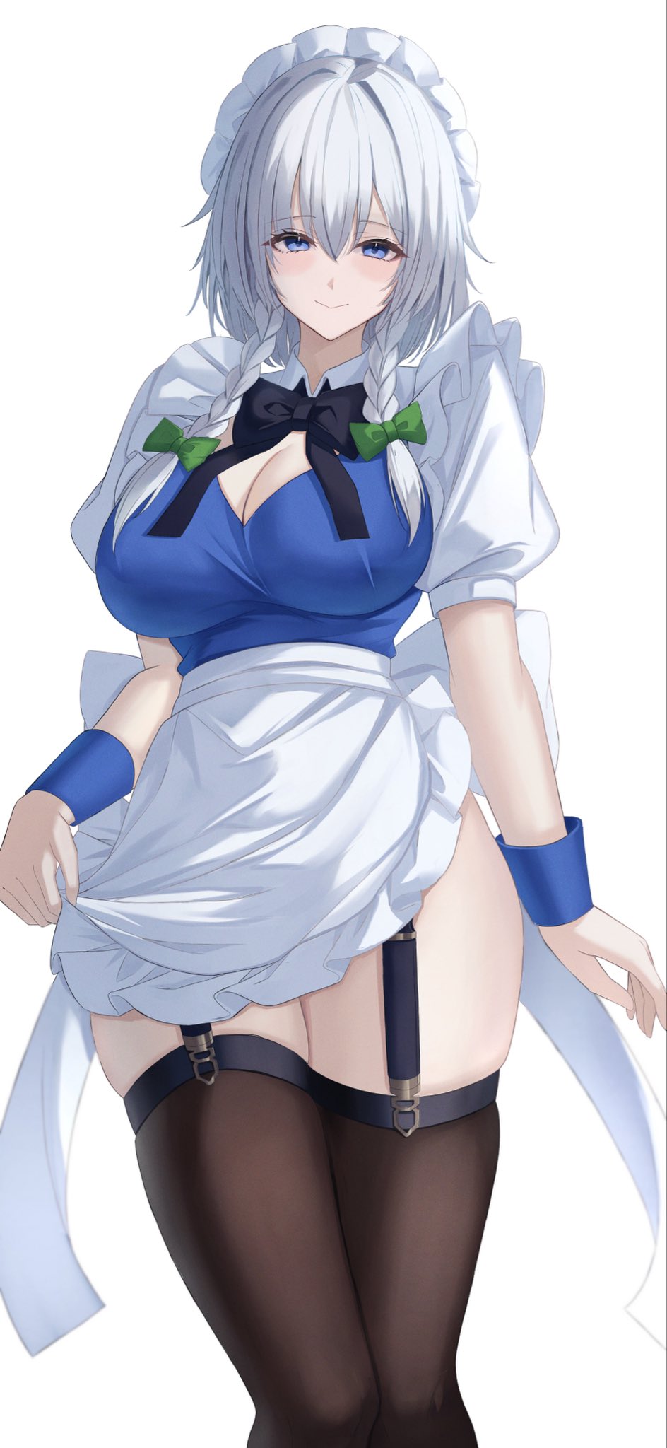 2d, 2d (artwork), 7bane sachi, 7saki, big breasts, black thighhighs, breasts, clothed, clothed female, female, female focus, female only, garter straps, izayoi sakuya, large boobs, large breasts, light skin, light-skinned female, maid, maid headdress, maid outfit, maid uniform, sakuya izayoi, silver hair, silver hair female, solo, solo female, solo focus, thighhighs, touhou, touhou project, video game character