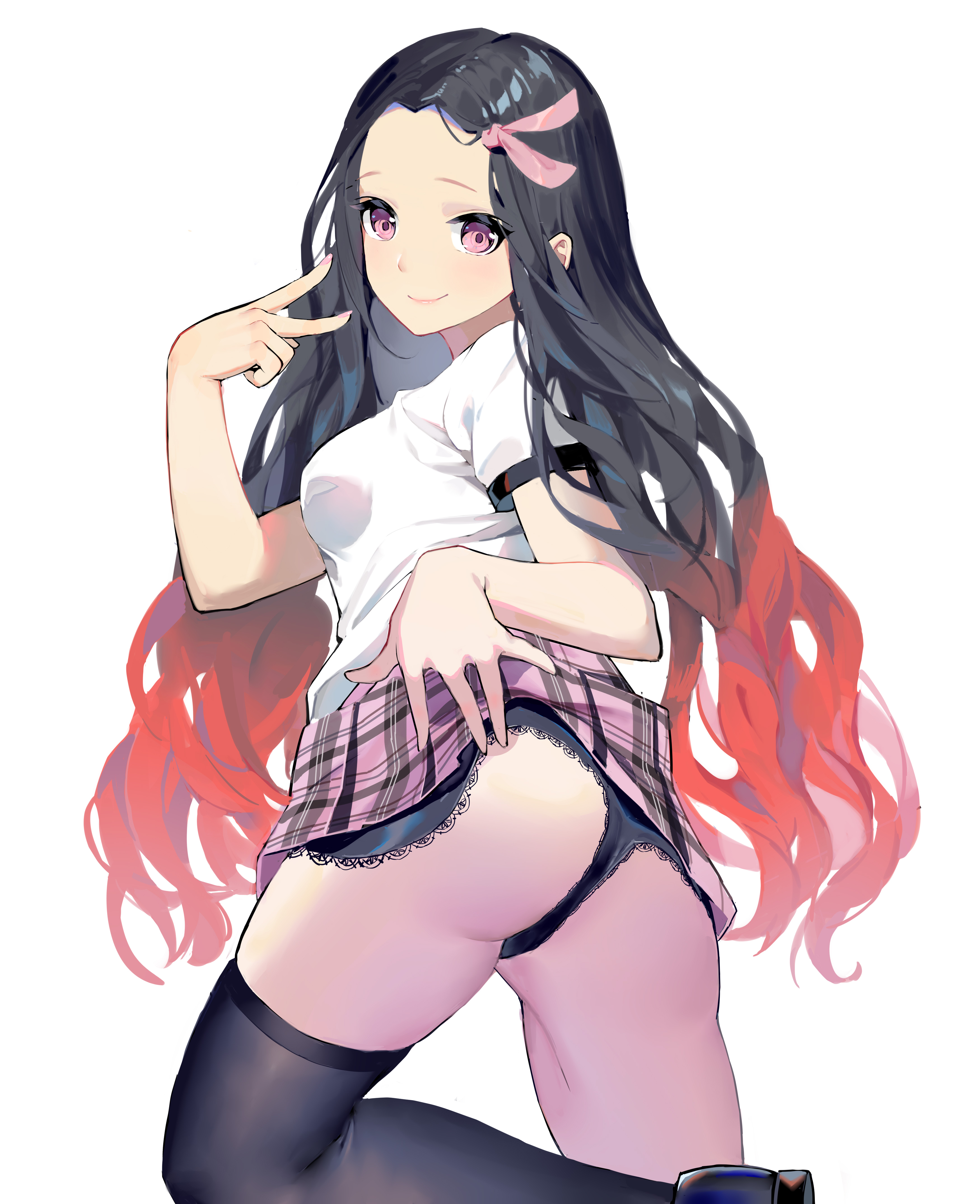 1girls, alternate costume, ass, black hair, black panties, clothing, cute, demon, demon girl, demon slayer, fangs, female, female only, from behind, hair ribbon, kamado nezuko, kimetsu no yaiba, lace-trimmed panties, lingerie, long hair, looking at viewer, meinuoxuan 999, pale skin, panties, pink eyes, presenting ass, school uniform, skinny, skirt, skirt lift, small ass, smile, solo, streaked hair, teenager, thighhighs, two-tone hair, v