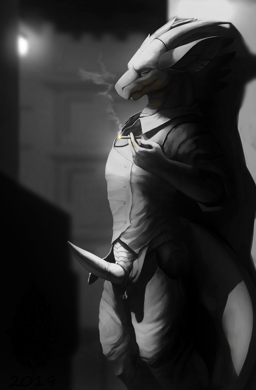 2019 anthro black_and_white cigarette clothed clothing digital_media_(artwork) dragon erection feathered_dragon feathers hi_res horn illarion_(character) kazzyboii knot male male_only monochrome noir penis smoke smoking solo