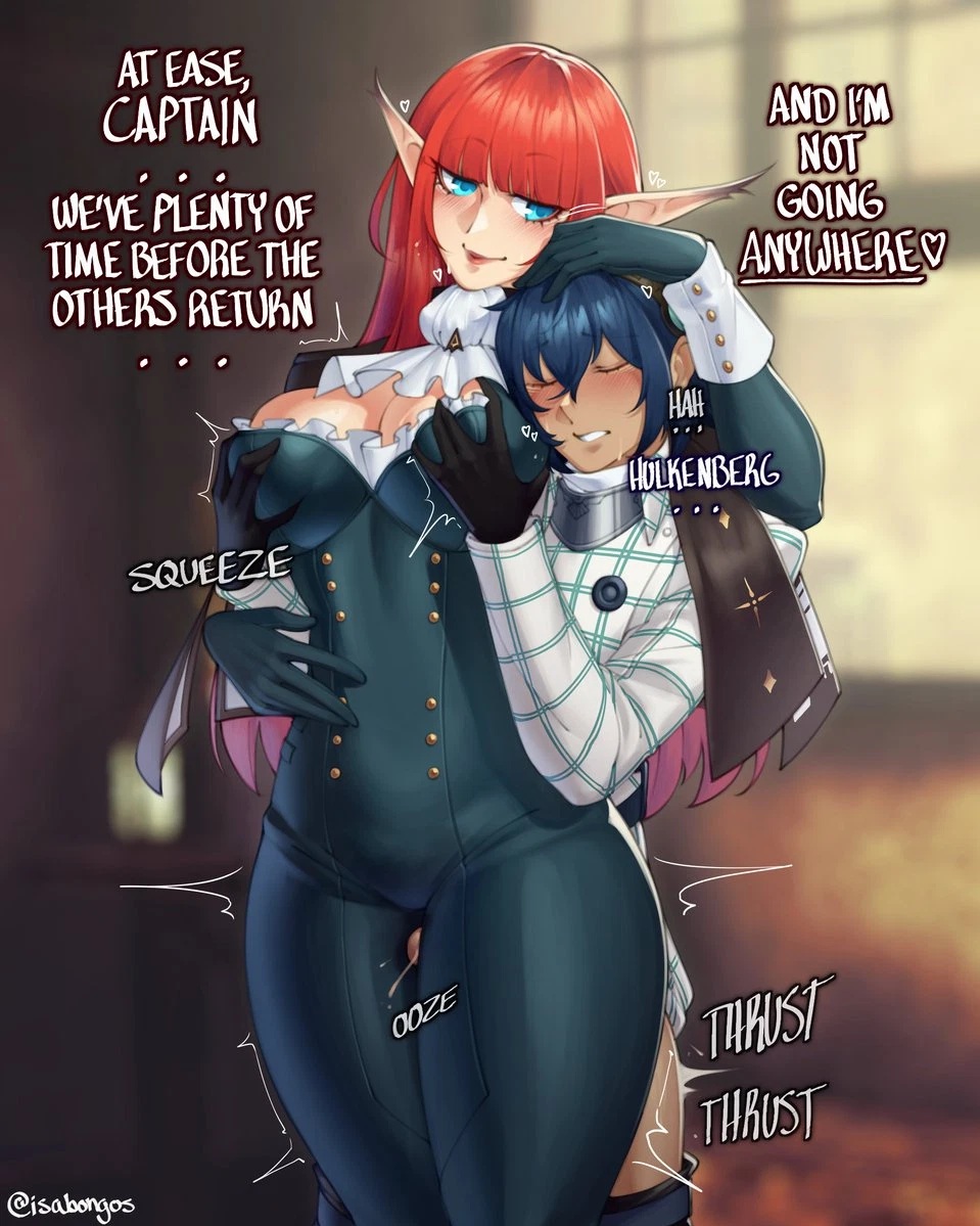 1boy, 1girls, 2024, ascot, atlus, black gloves, black legwear, blue eyes, blue hair, blunt bangs, bodysuit, breast grab, breasts, cleavage, clenched teeth, closed eyes, clothing, commentary, cum, cum between thighs, eiselin hulkenberg, elf, elf ears, elf female, english commentary, english text, female, femdom, from behind, gloves, grabbing another's breast, grabbing from behind, groping, highres, hulkenberg, human, human male, isabongos, legs together, long hair, male, male human/female elf, metaphor: refantazio, outercourse, penis, pointy ears, red hair, sega, sex, smile, straight, teeth, text, thigh sex, thigh sex over clothes, tomboy, voluptuous, voluptuous female, wide hips, will (metaphor: refantazio)