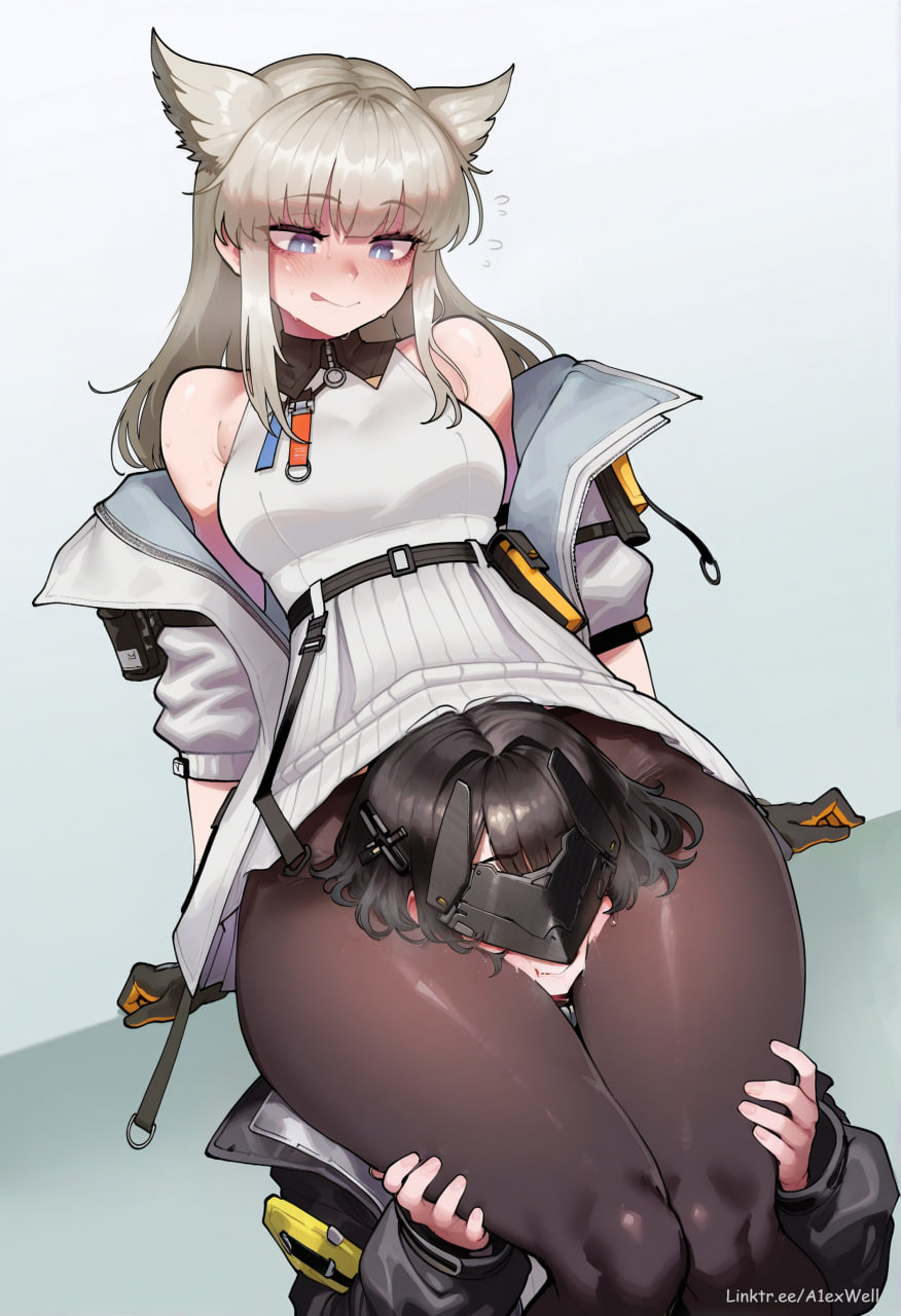a1exwell, ai generated, arknights, arknights: endfield, endministrator (arknights: endfield), female endministrator (arknights: endfield), head between thighs, licking lips, off shoulder, pantyhose, perlica (arknights: endfield), stable diffusion, thick thighs, yuri