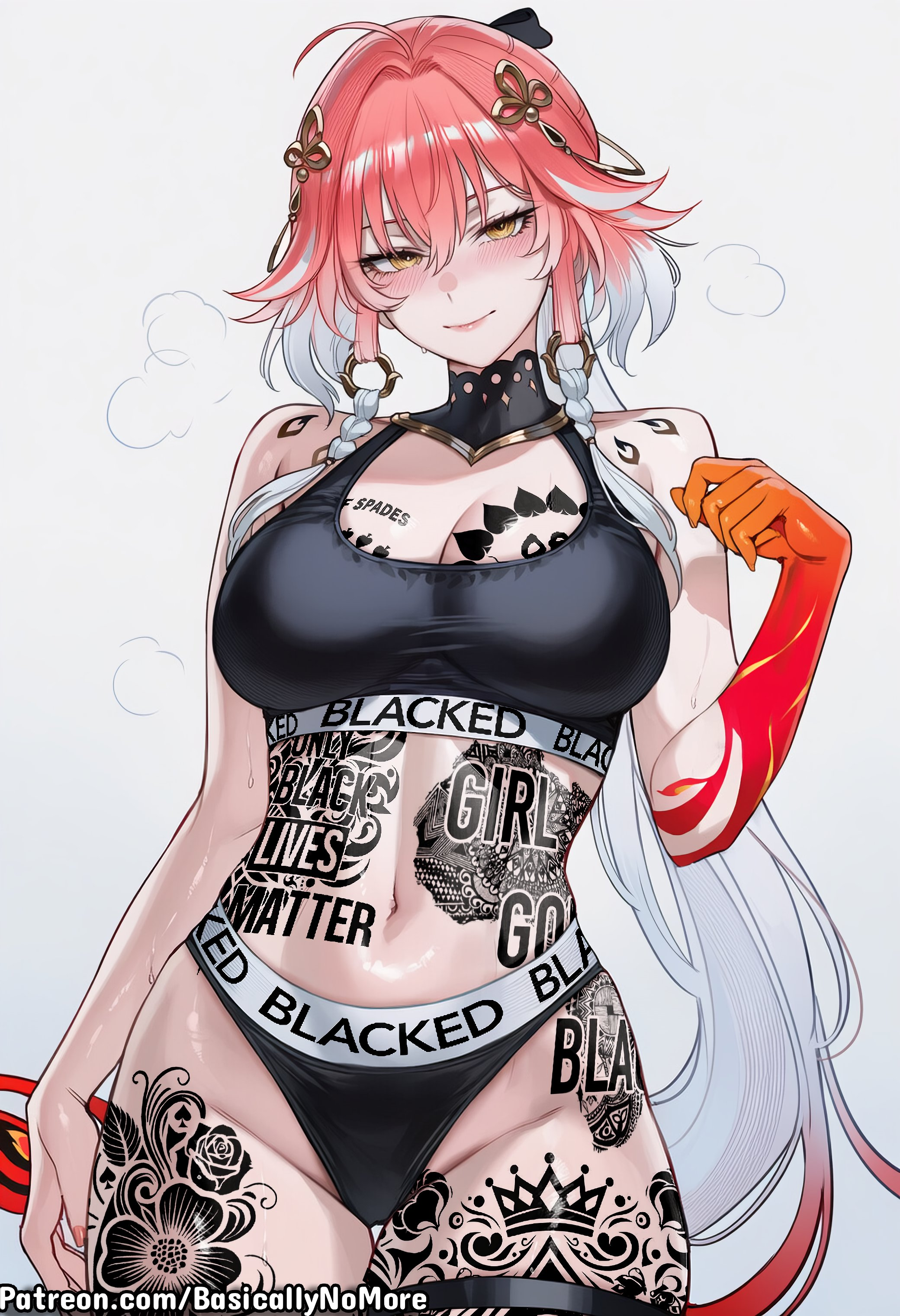 ai generated, anime, basicallynomore, black panties, black sports bra, blacked, blacked clothing, changli (wuthering waves), female, looking at viewer, pubic tattoo, qos, qos clothing, qos tattoo, queen of spades, queen of spades symbol, queen of spades tattoo, sportswear, tattoo, tattoos, white skin, wuthering waves